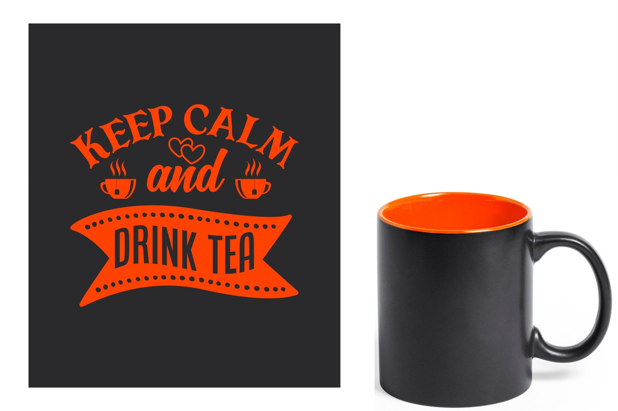 zwarte keramische mok met oranje gravure  'Keep calm and drink tea'.