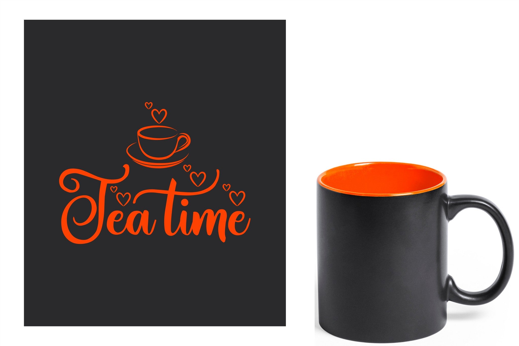 zwarte keramische mok met oranje gravure  'tea time'.