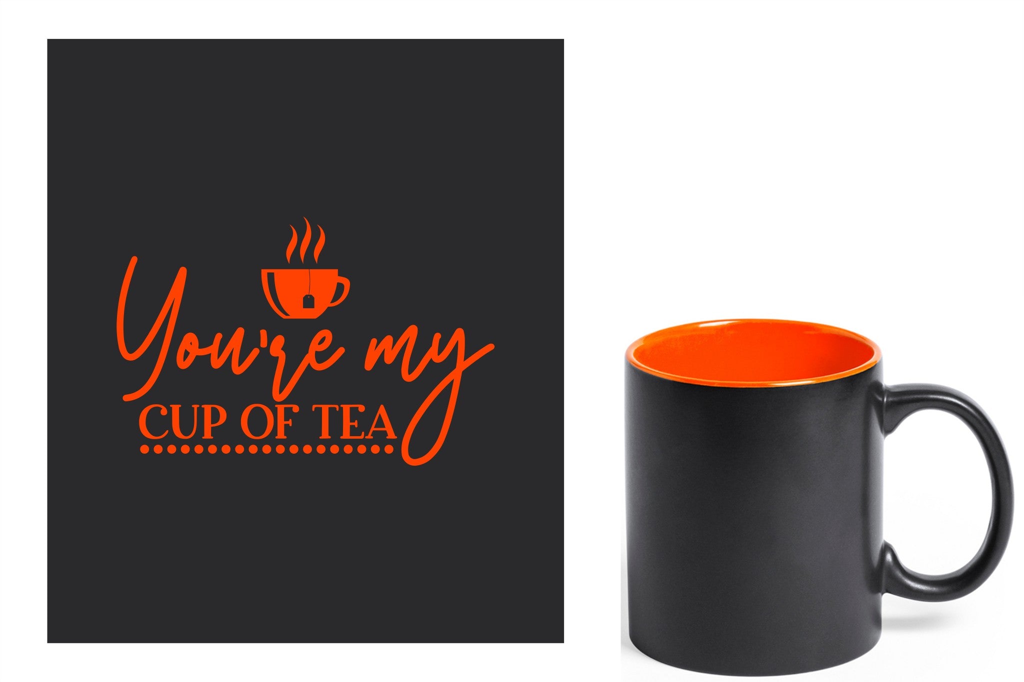 zwarte keramische mok met oranje gravure  'You're my cup of tea'.
