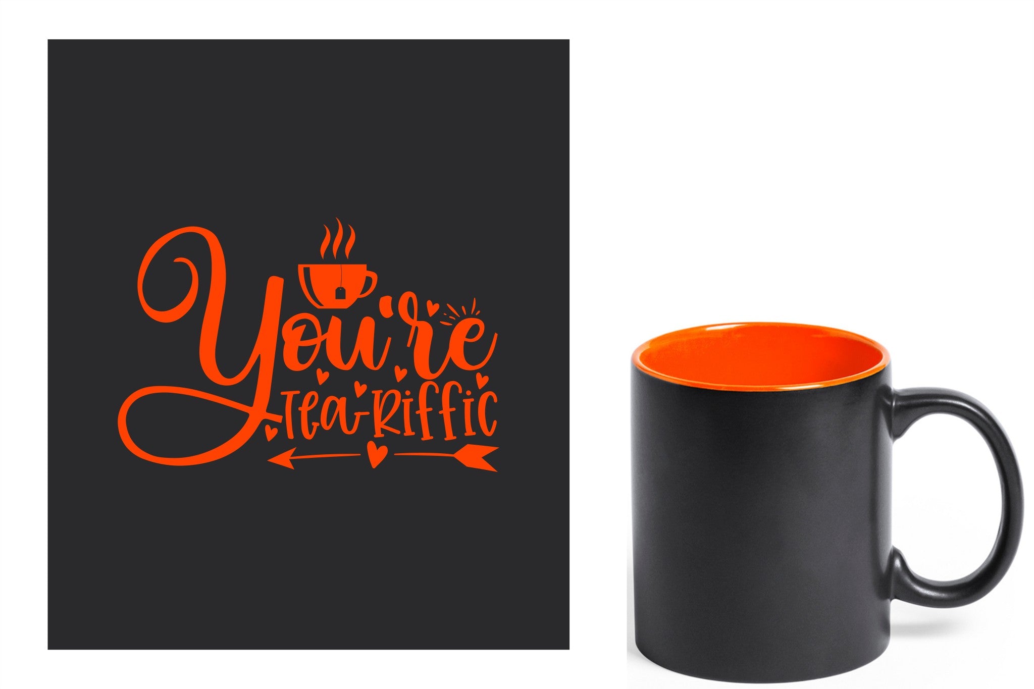 zwarte keramische mok met oranje gravure  'You're teariffic'.