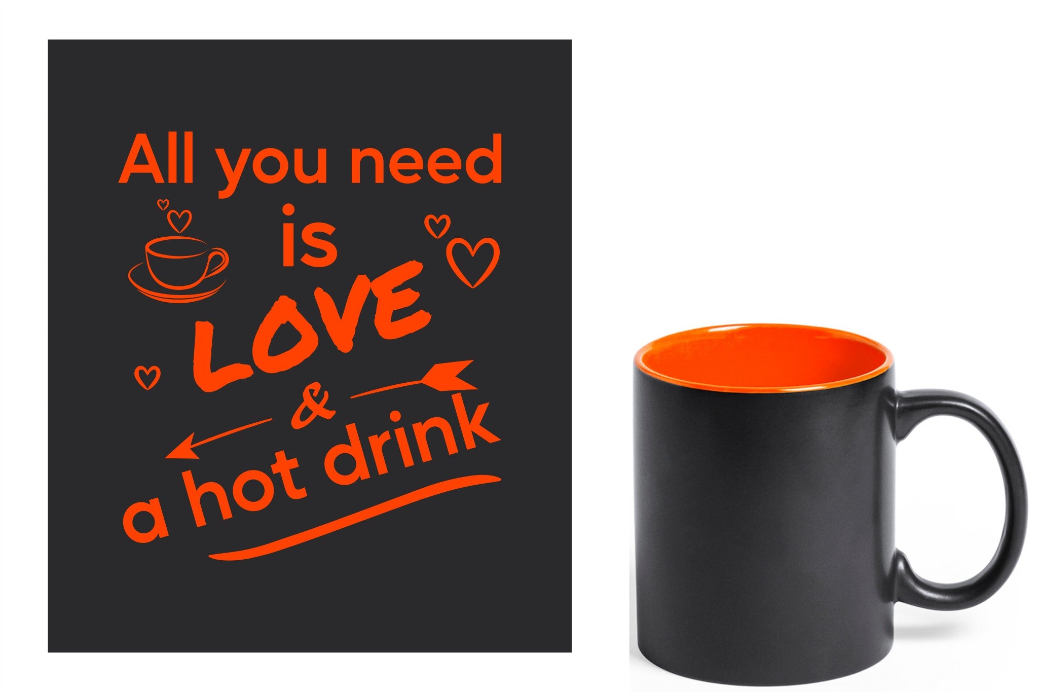 zwarte keramische mok met oranje gravure  'All you need is love & a hot drink'.