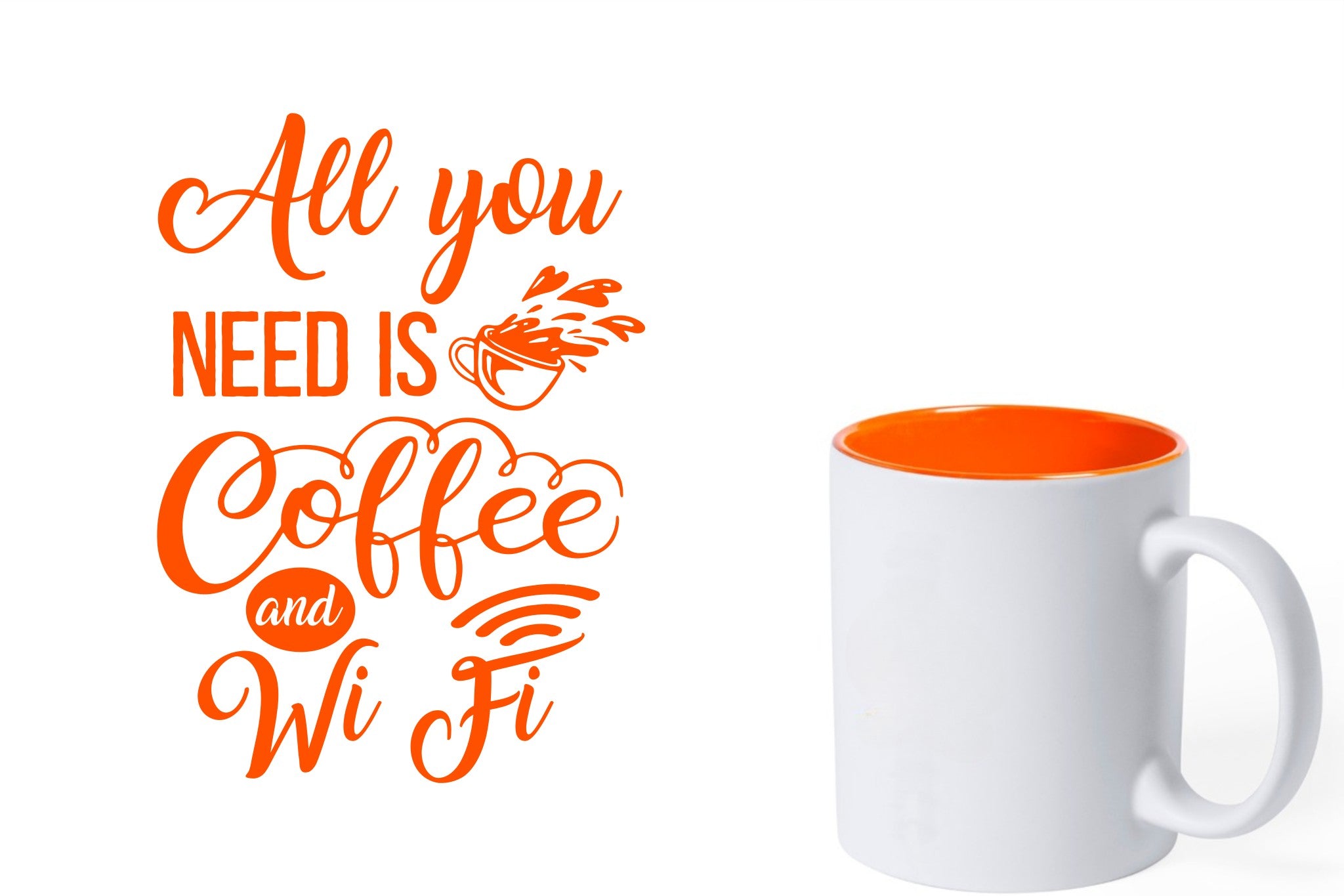 witte keramische mok met oranje gravure  'All you need is coffee and wifi'.