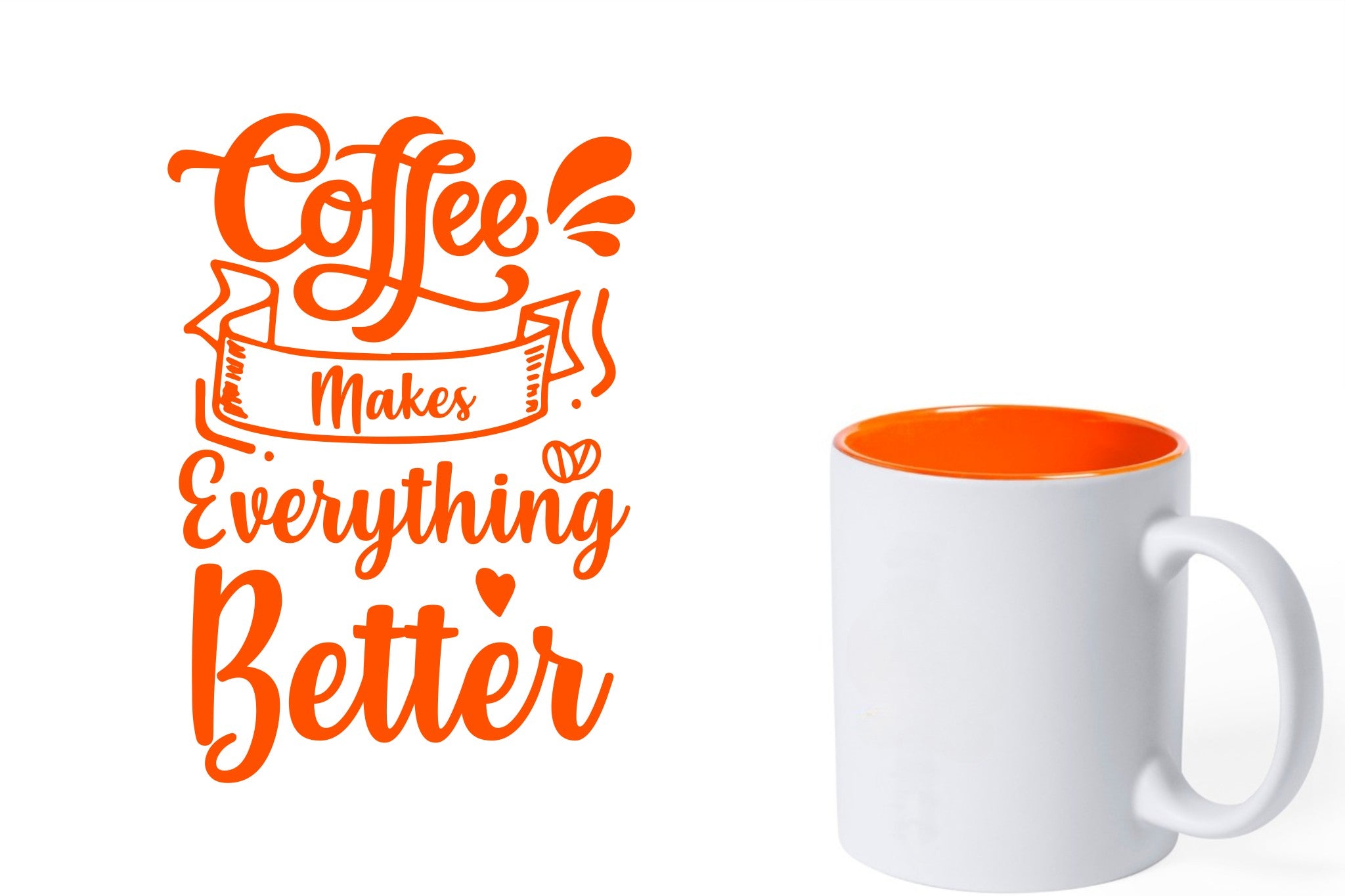 witte keramische mok met oranje gravure  'Coffee makes everything better'.