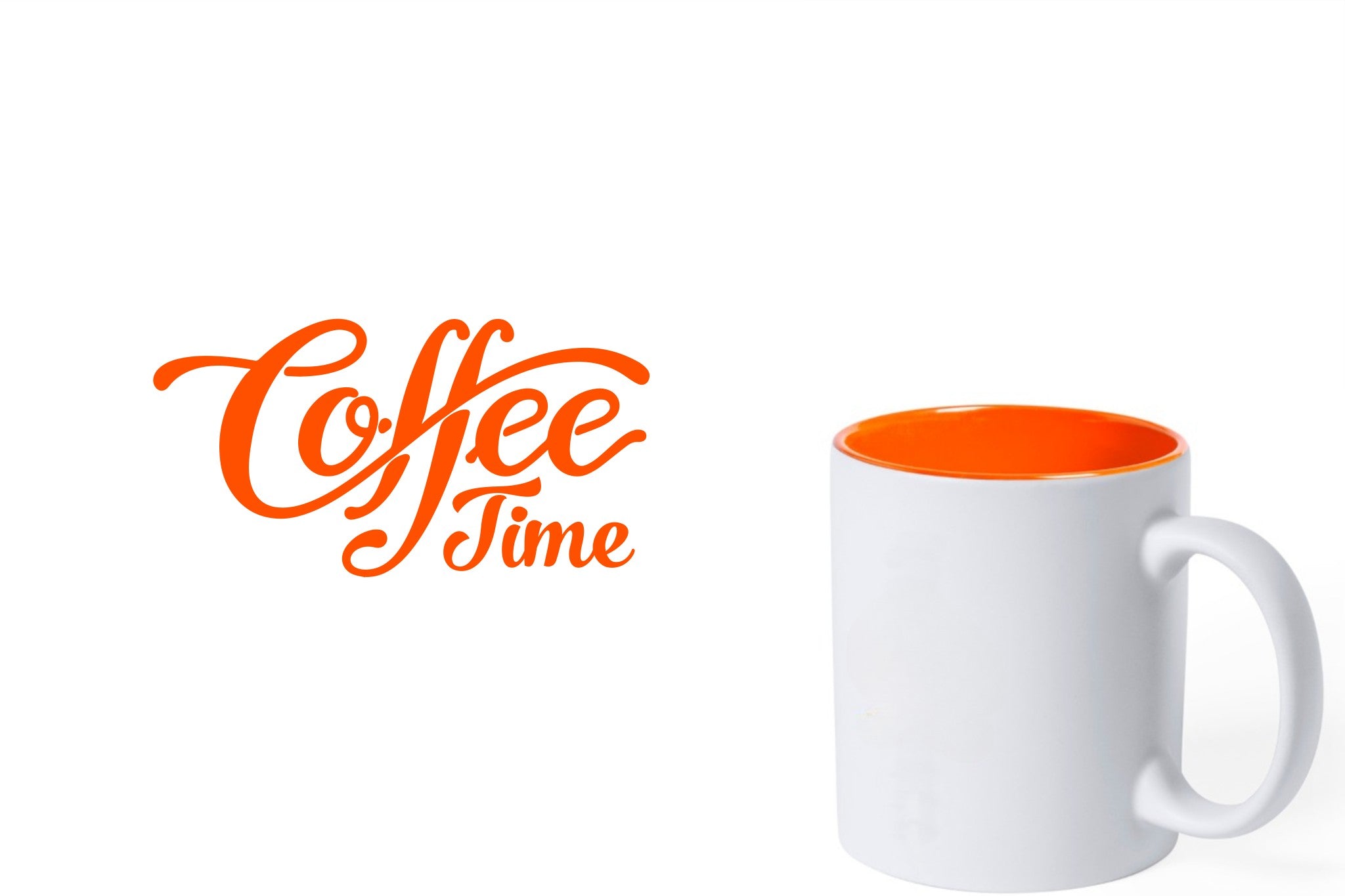 witte keramische mok met oranje gravure  'Coffee time'.
