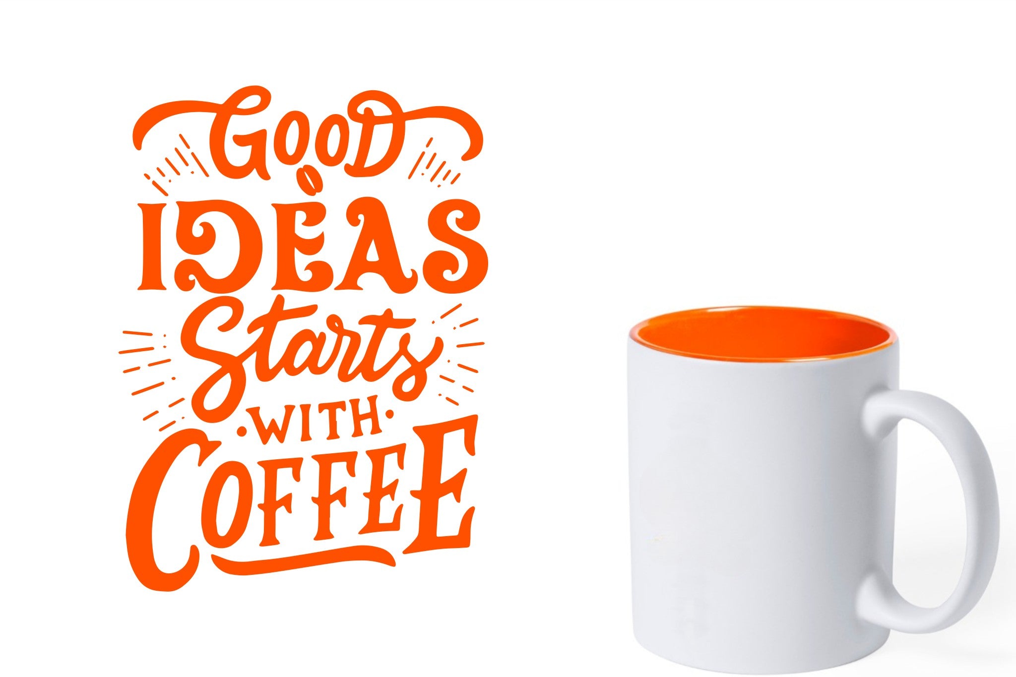 witte keramische mok met oranje gravure  'Good ideas starts with coffee'.
