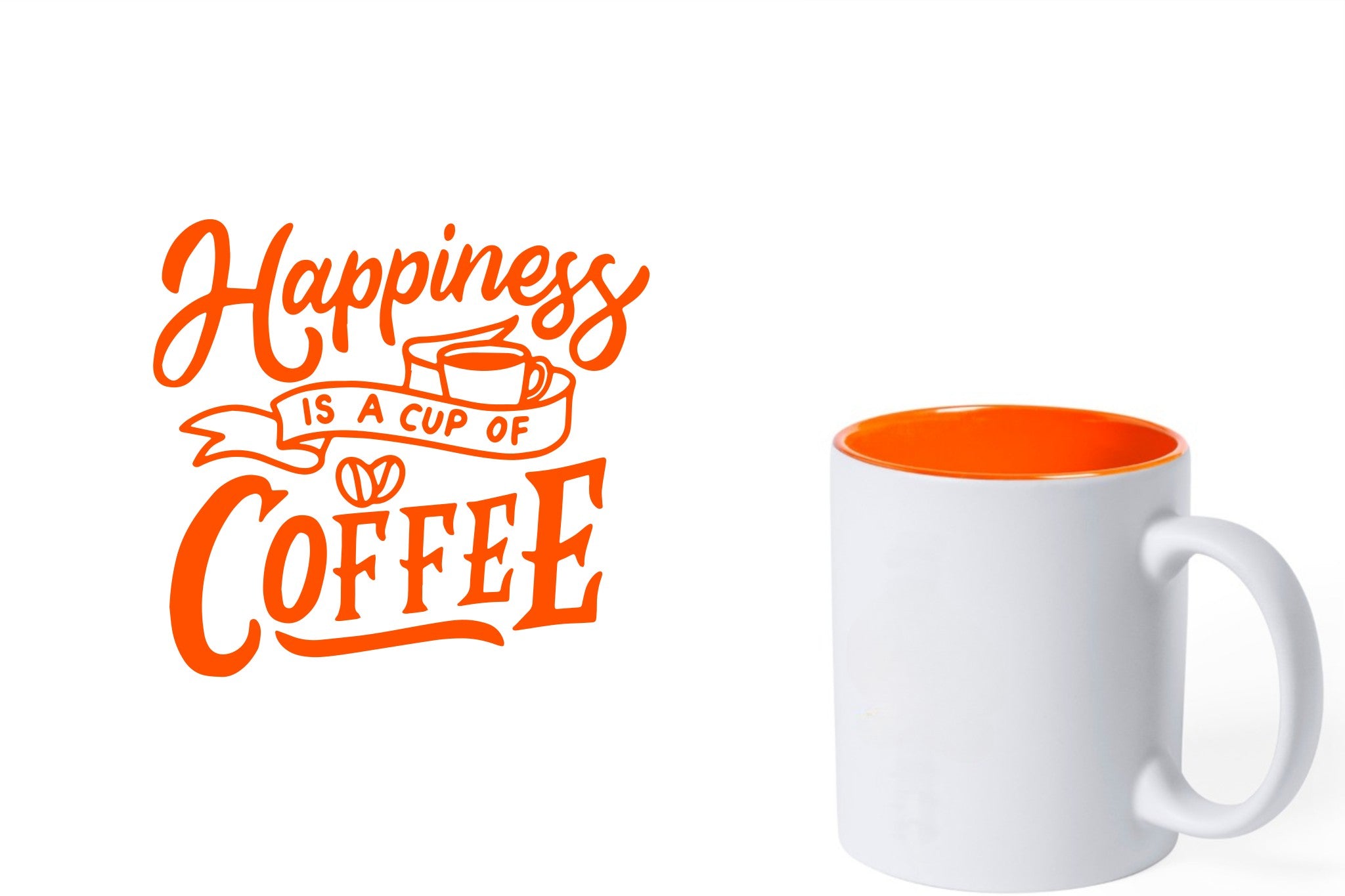 witte keramische mok met oranje gravure  'Happiness is a cup of coffee'.