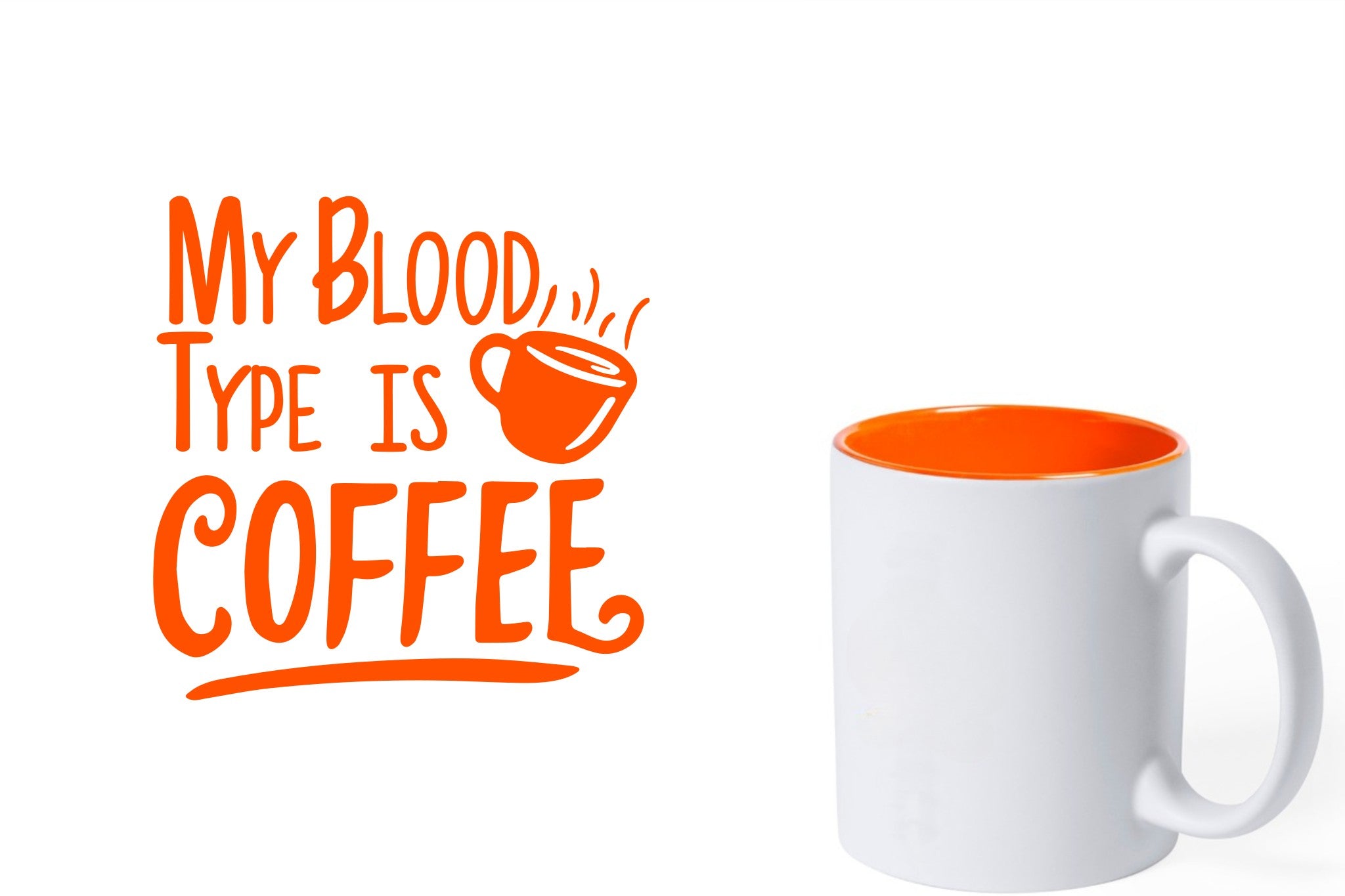 witte keramische mok met oranje gravure  'My blood type is coffee'.