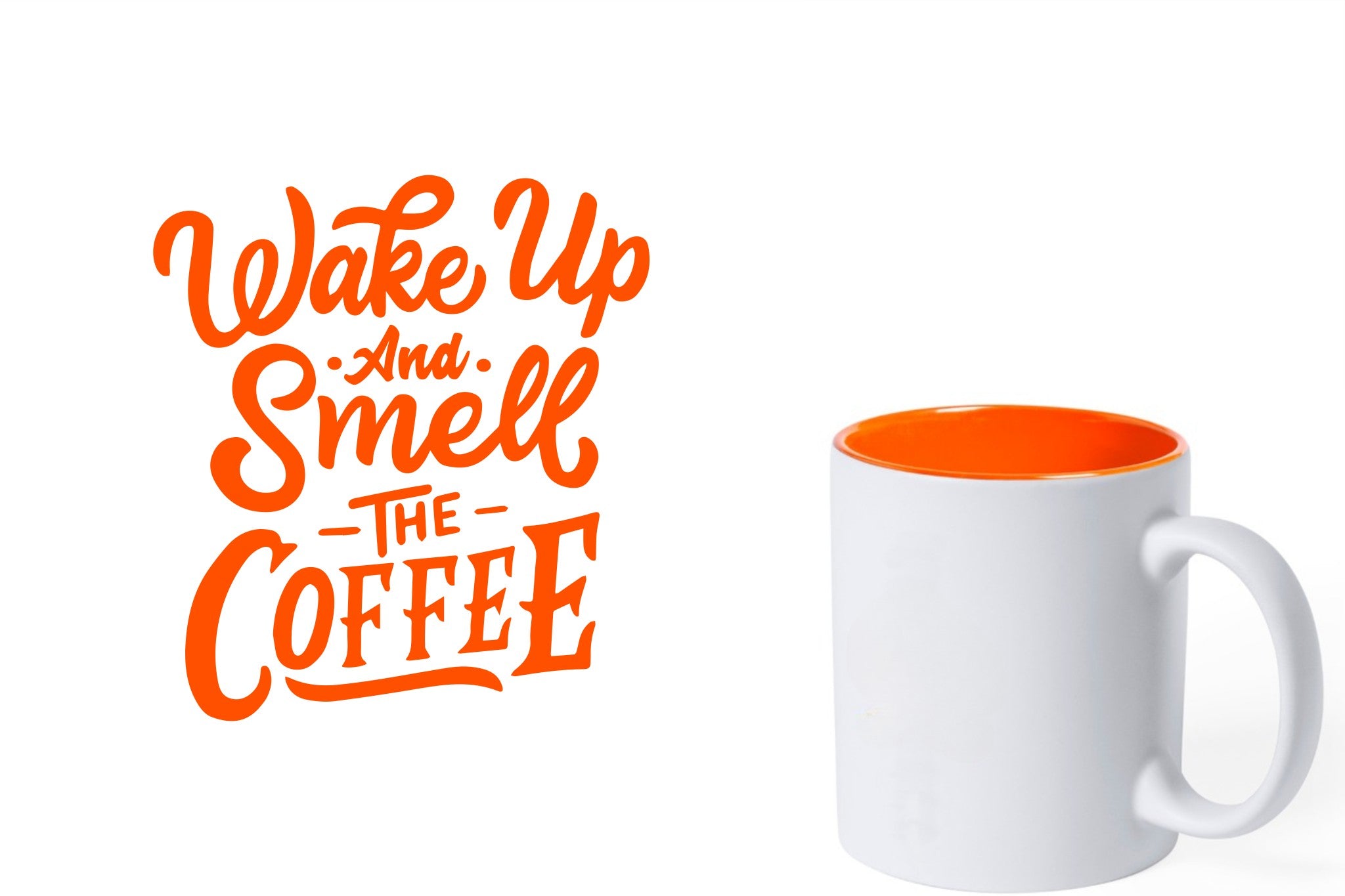 witte keramische mok met oranje gravure  'Wake up and smell the coffee'.