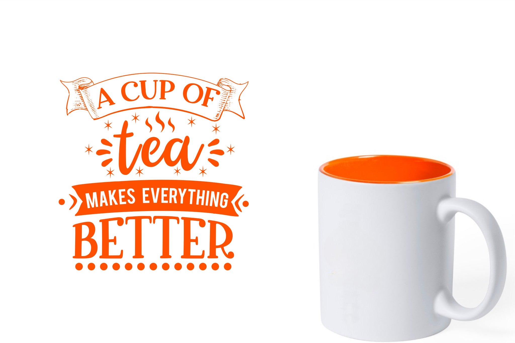 witte keramische mok met oranje gravure  'A cup of tea makes everything better'.