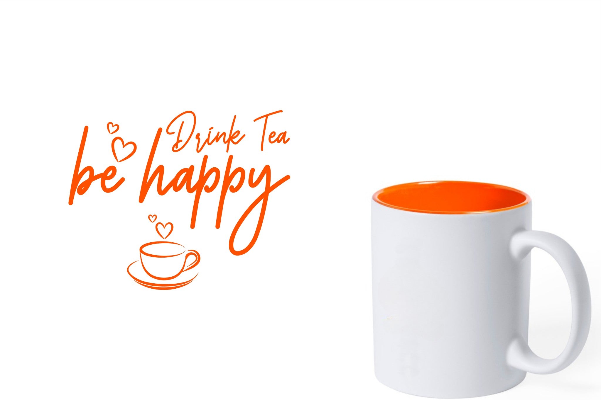witte keramische mok met oranje gravure  'Be happy drink tea'.