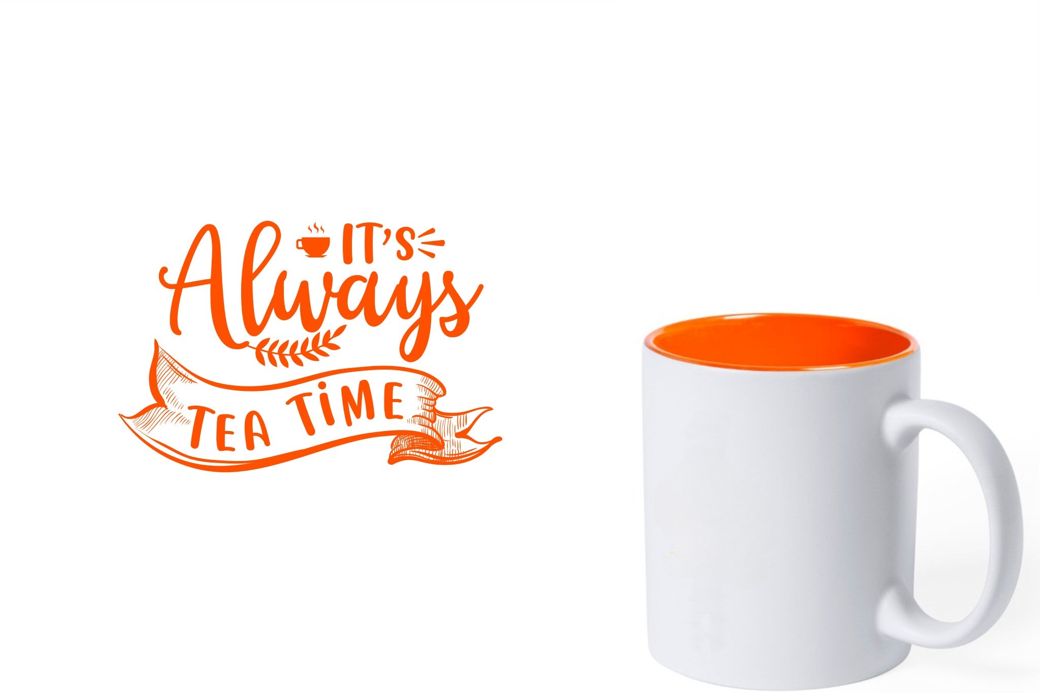 witte keramische mok met oranje gravure  'It's always tea time'.