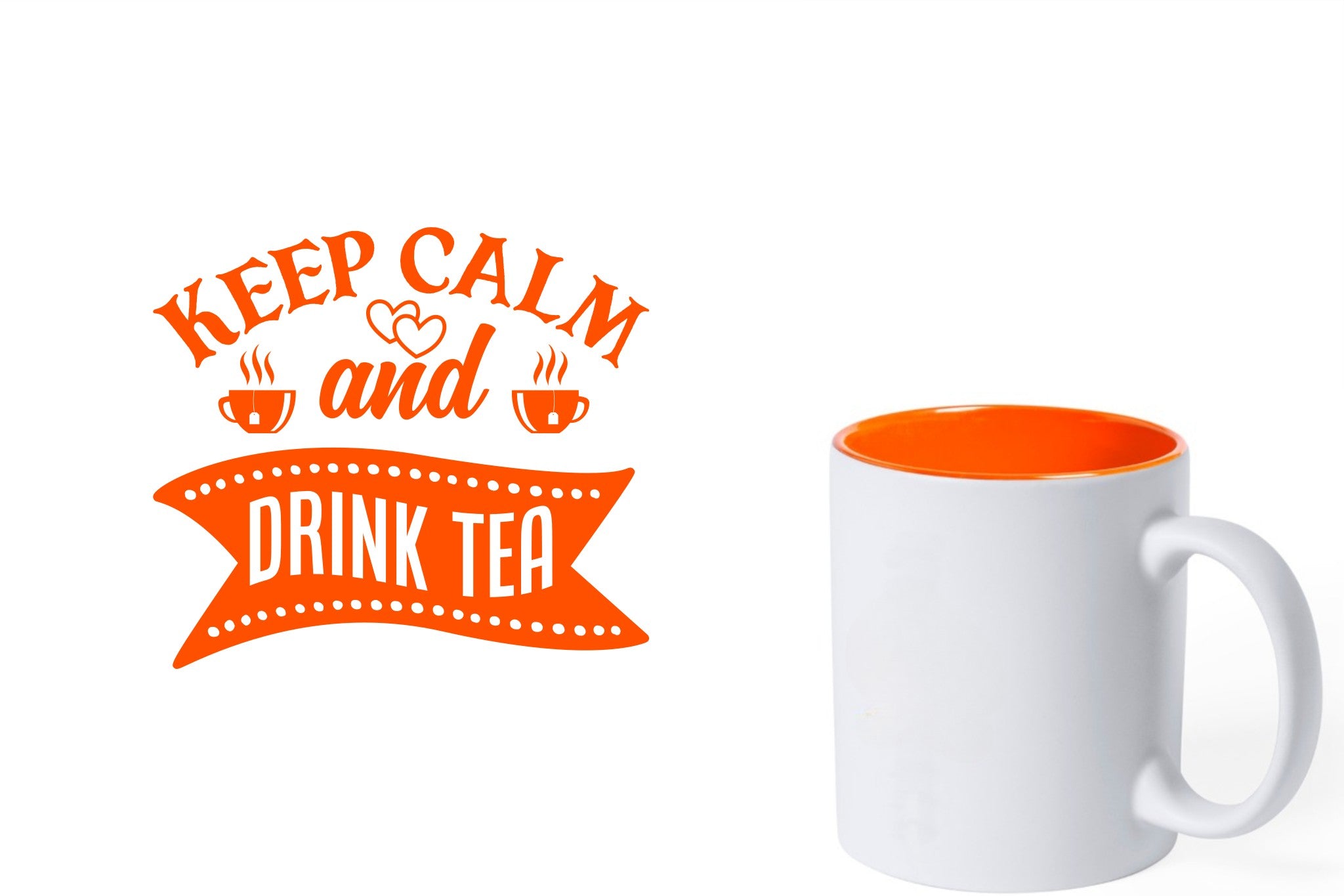 witte keramische mok met oranje gravure  'Keep calm and drink tea'.