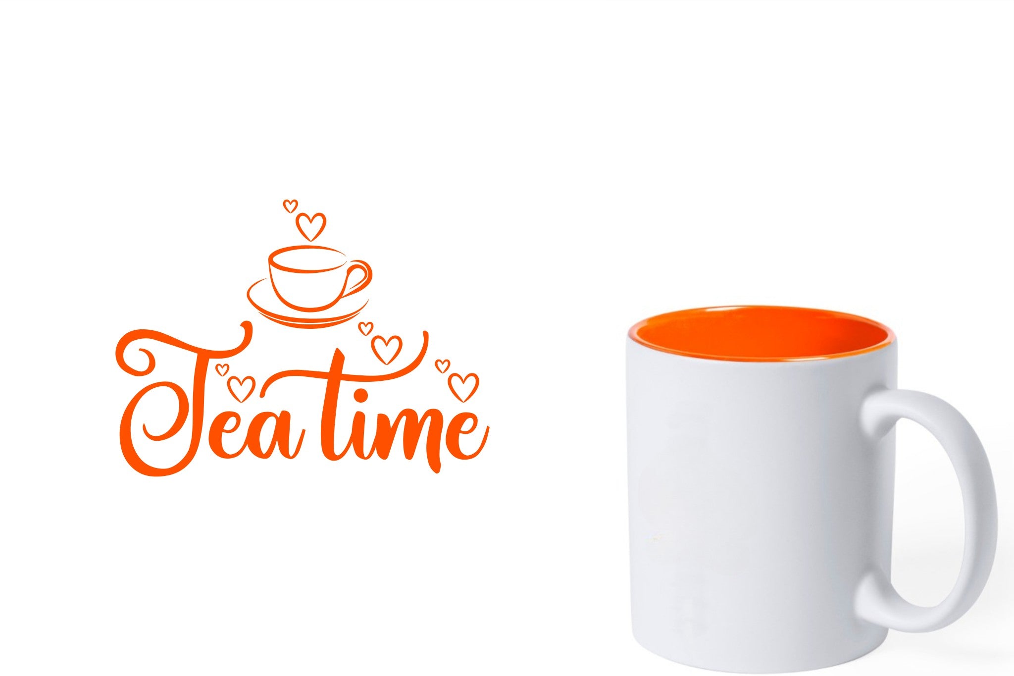 witte keramische mok met oranje gravure  'tea time'.