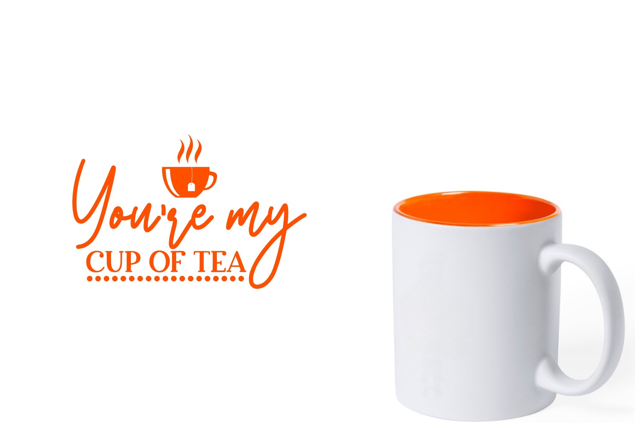 witte keramische mok met oranje gravure  'You're my cup of tea'.