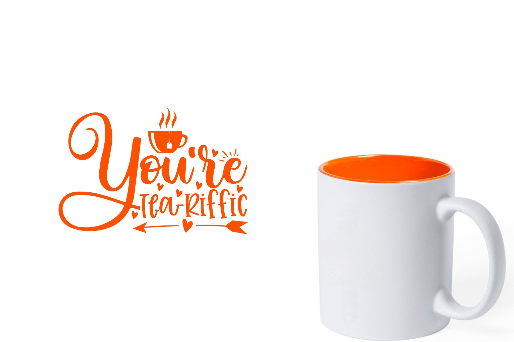 witte keramische mok met oranje gravure  'You're teariffic'.