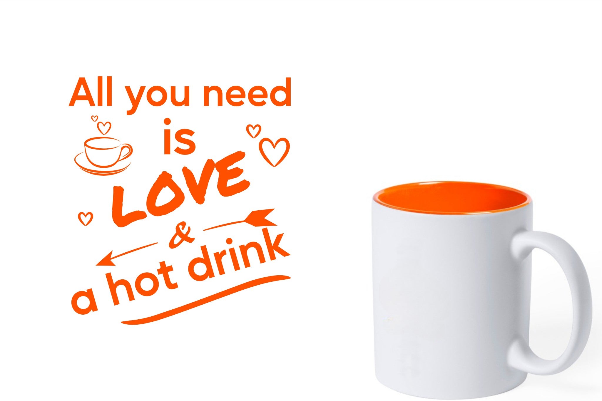 witte keramische mok met oranje gravure  'All you need is love & a hot drink'.