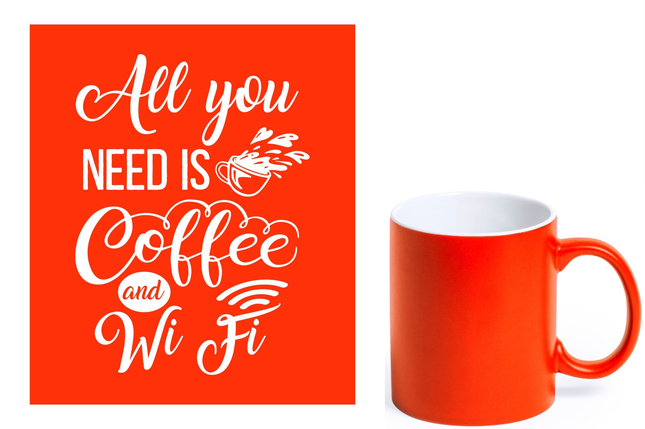 oranje keramische mok met witte gravure  'All you need is coffee and wifi'.