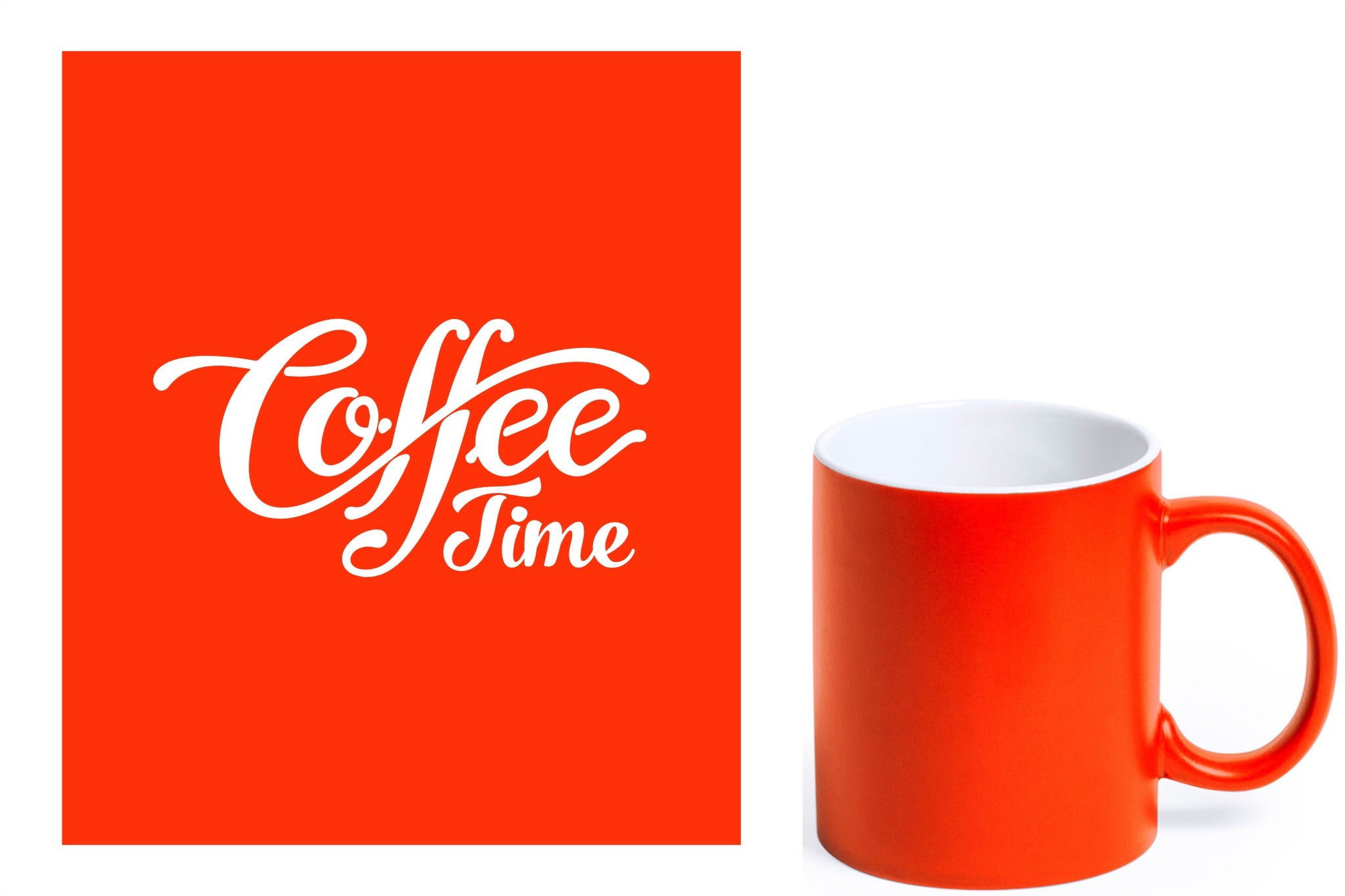 oranje keramische mok met witte gravure  'Coffee time'.