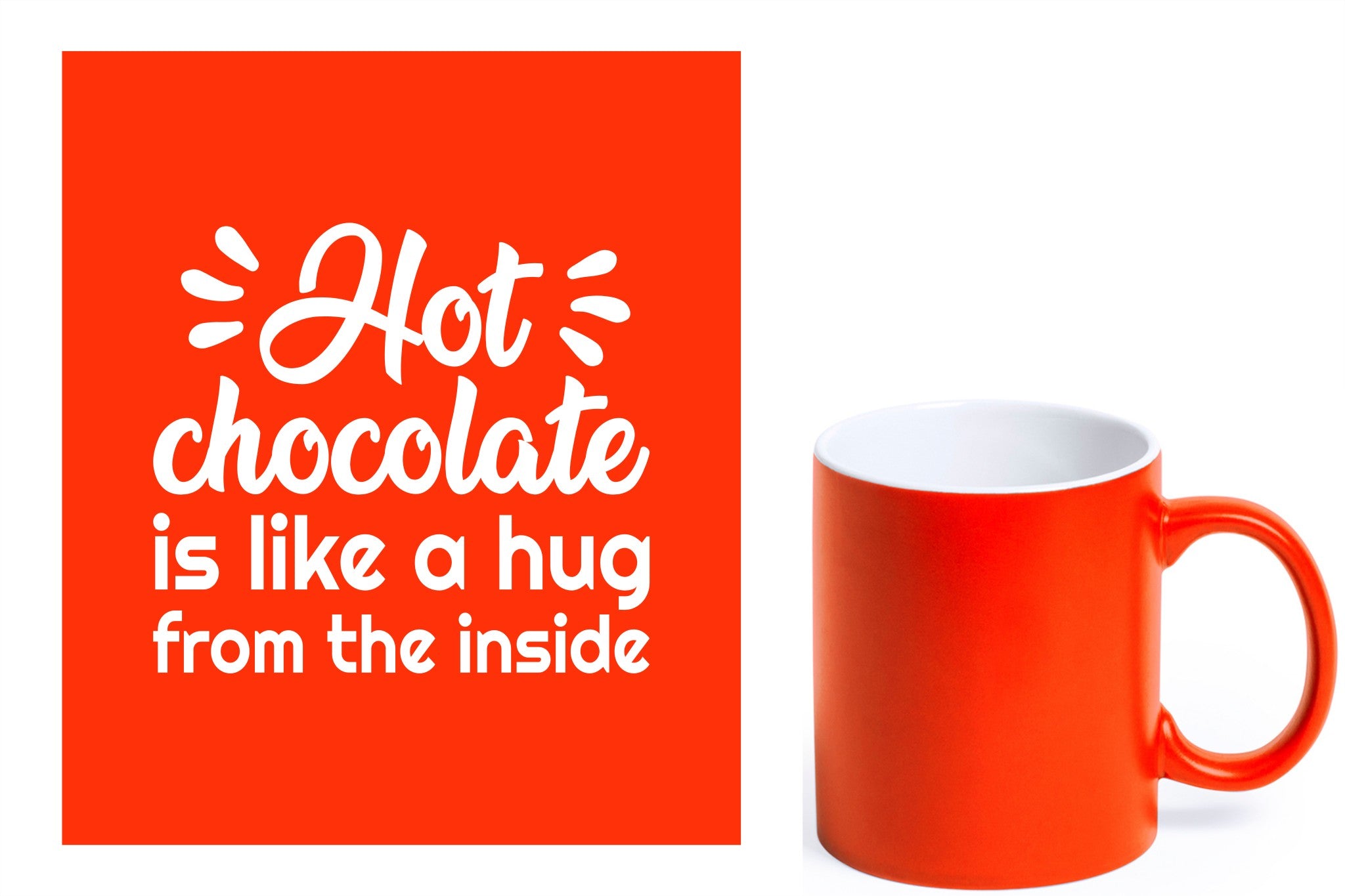 groene keramische mok met witte gravure  'Hot chocolate is like a hug from the inside'.