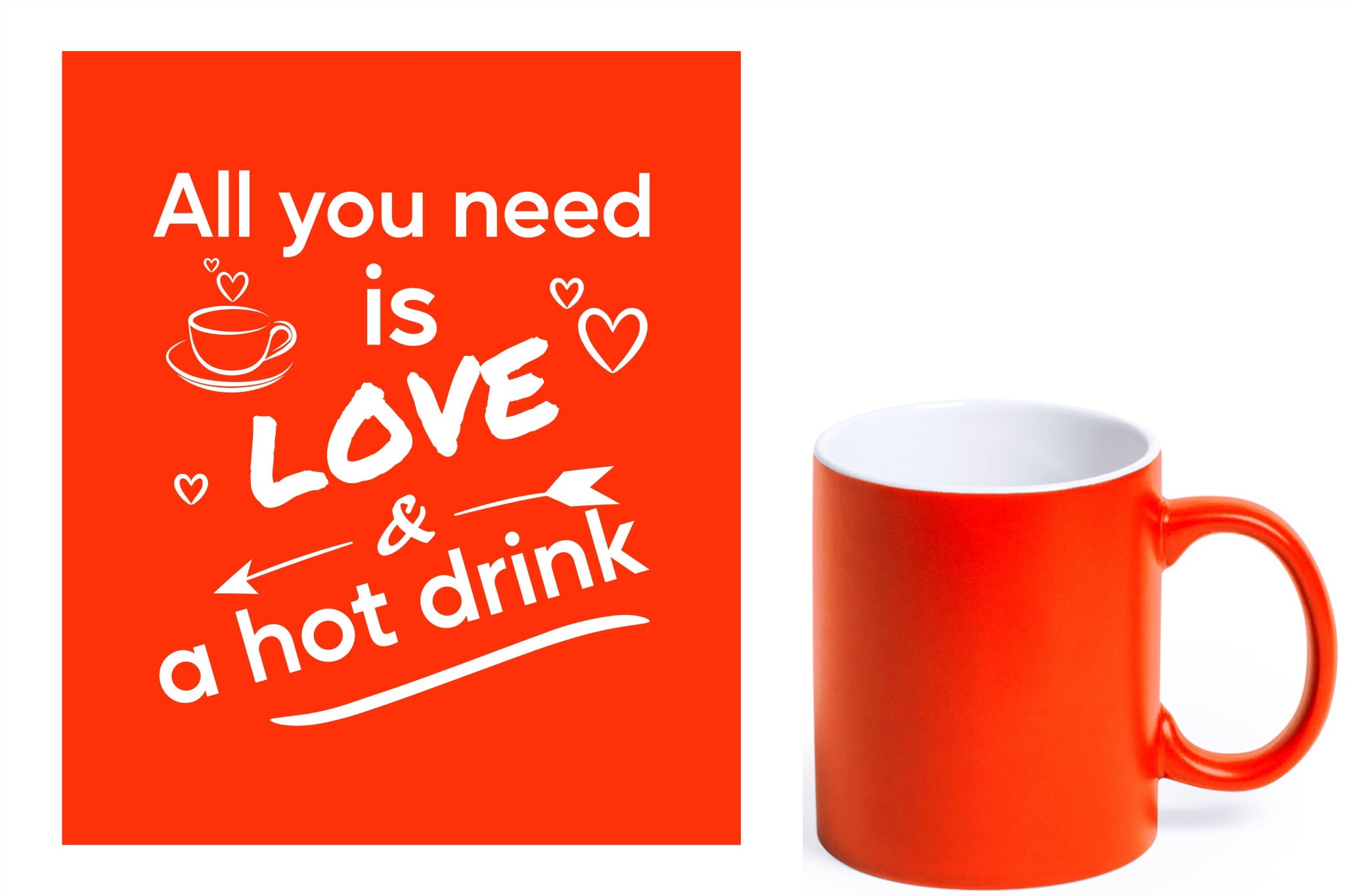 groene keramische mok met witte gravure  'All you need is love & a hot drink'.