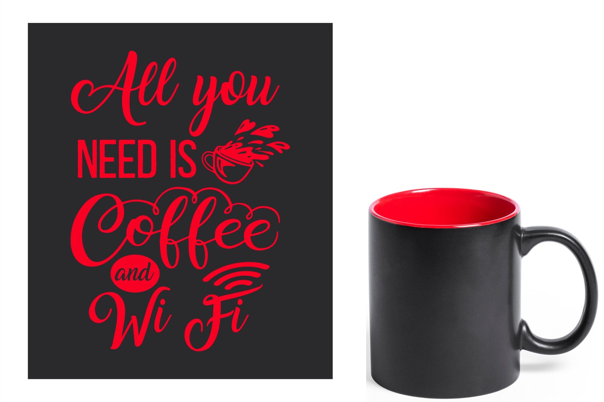 zwarte keramische mok met rode gravure  'All you need is coffee and wifi'.