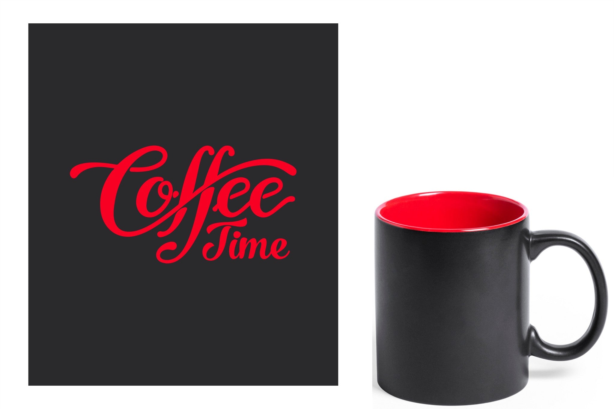zwarte keramische mok met rode gravure  'Coffee time'.