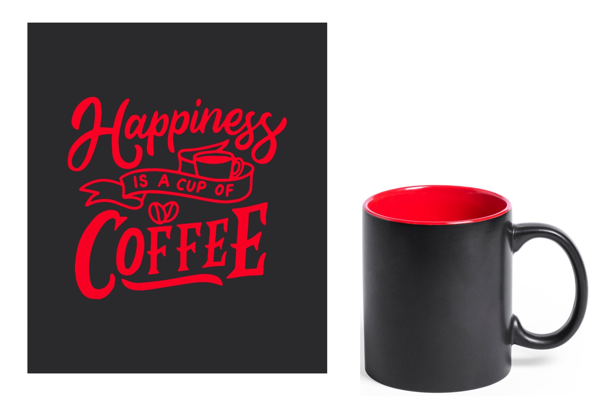 zwarte keramische mok met rode gravure  'Happiness is a cup of coffee'.