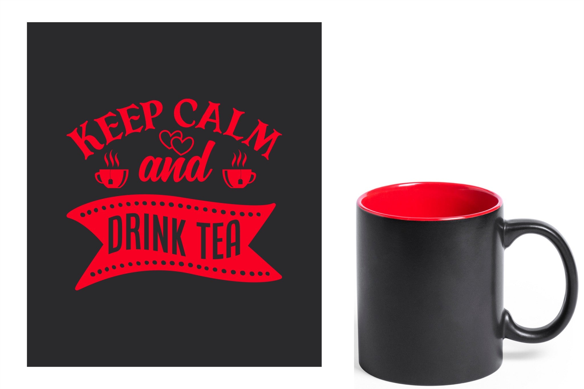 zwarte keramische mok met rode gravure  'Keep calm and drink tea'.