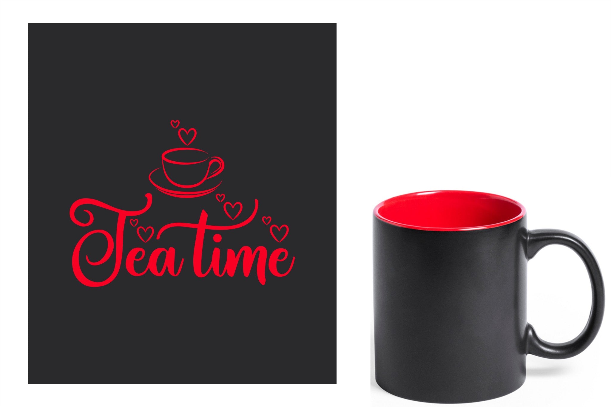 zwarte keramische mok met rode gravure  'tea time'.