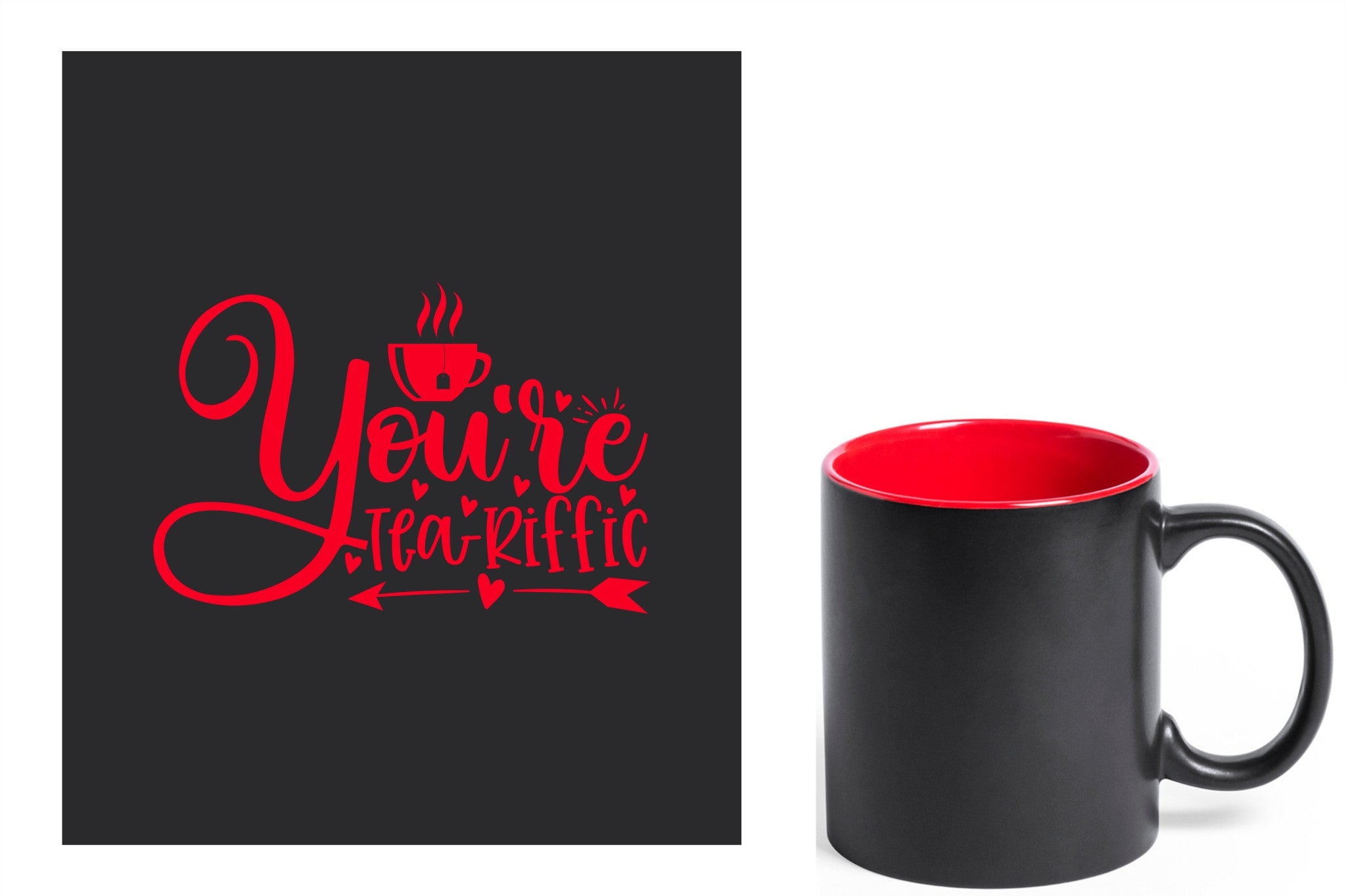 zwarte keramische mok met rode gravure  'You're teariffic'.