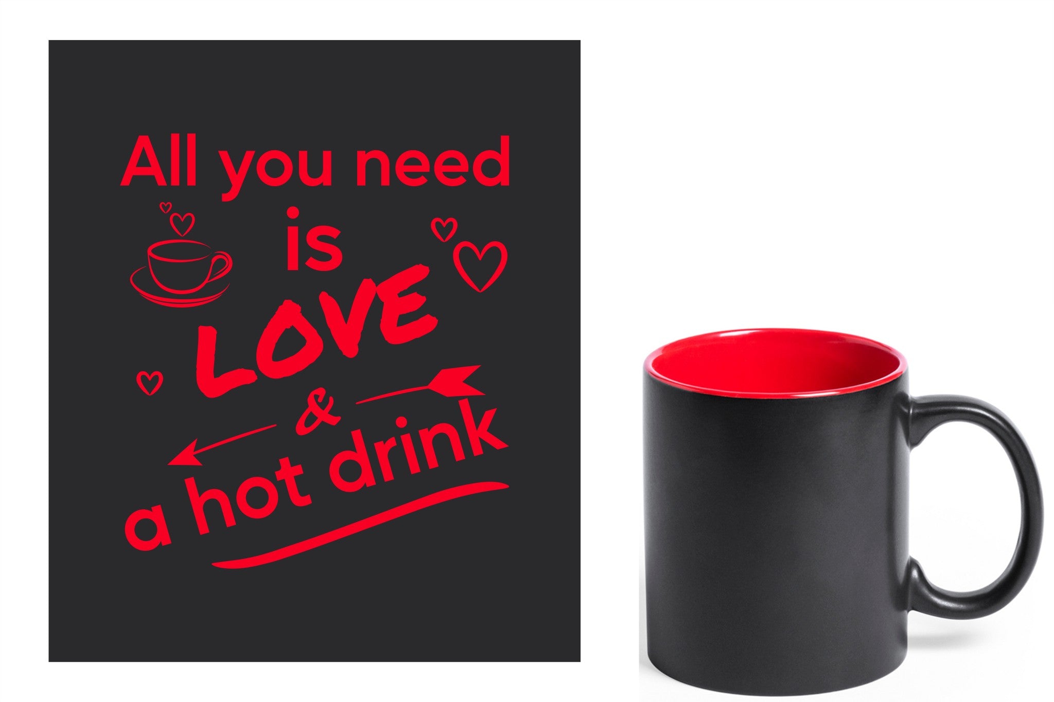 zwarte keramische mok met rode gravure  'All you need is love & a hot drink'.