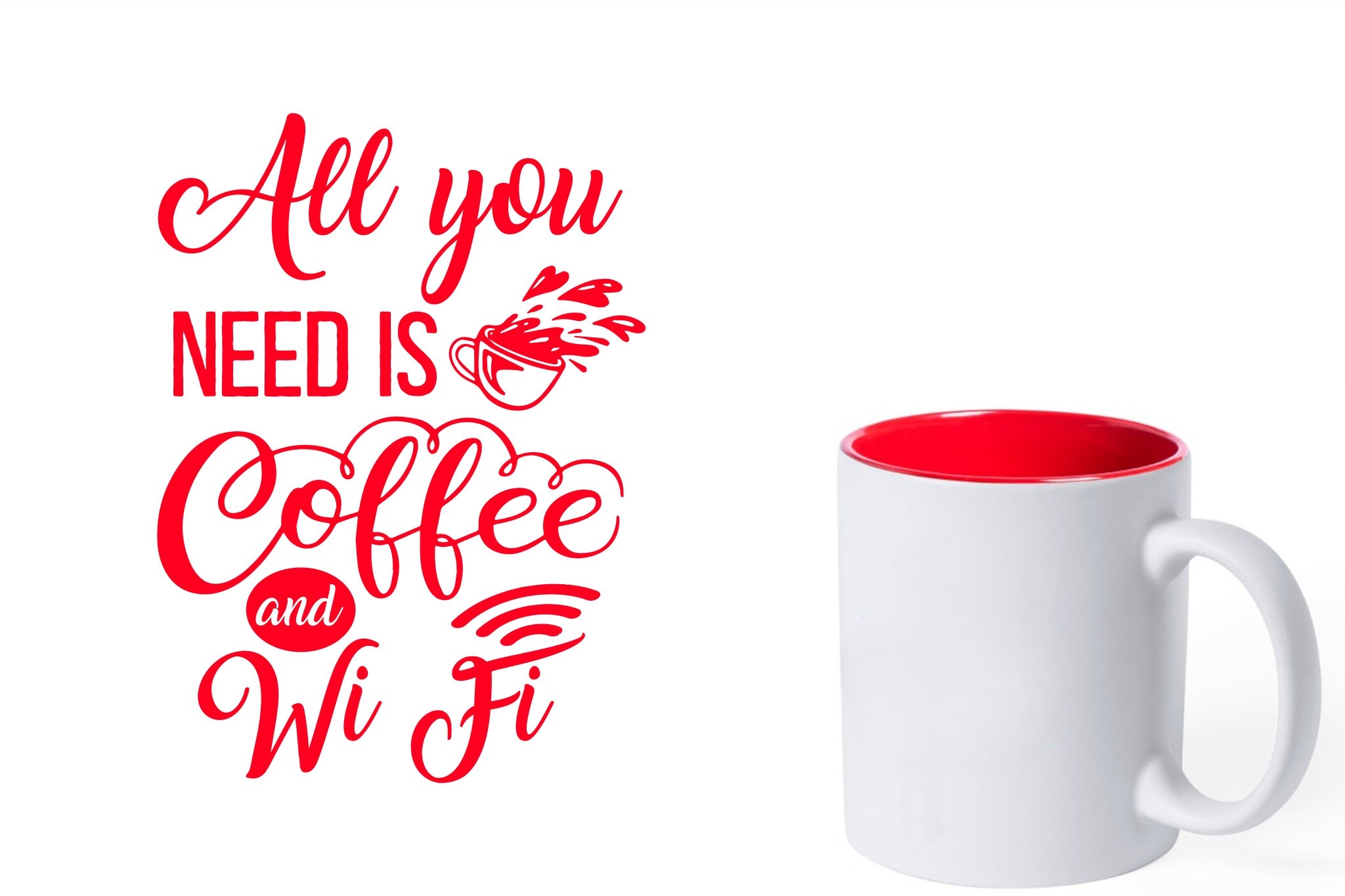 witte keramische mok met rode gravure  'All you need is coffee and wifi'.