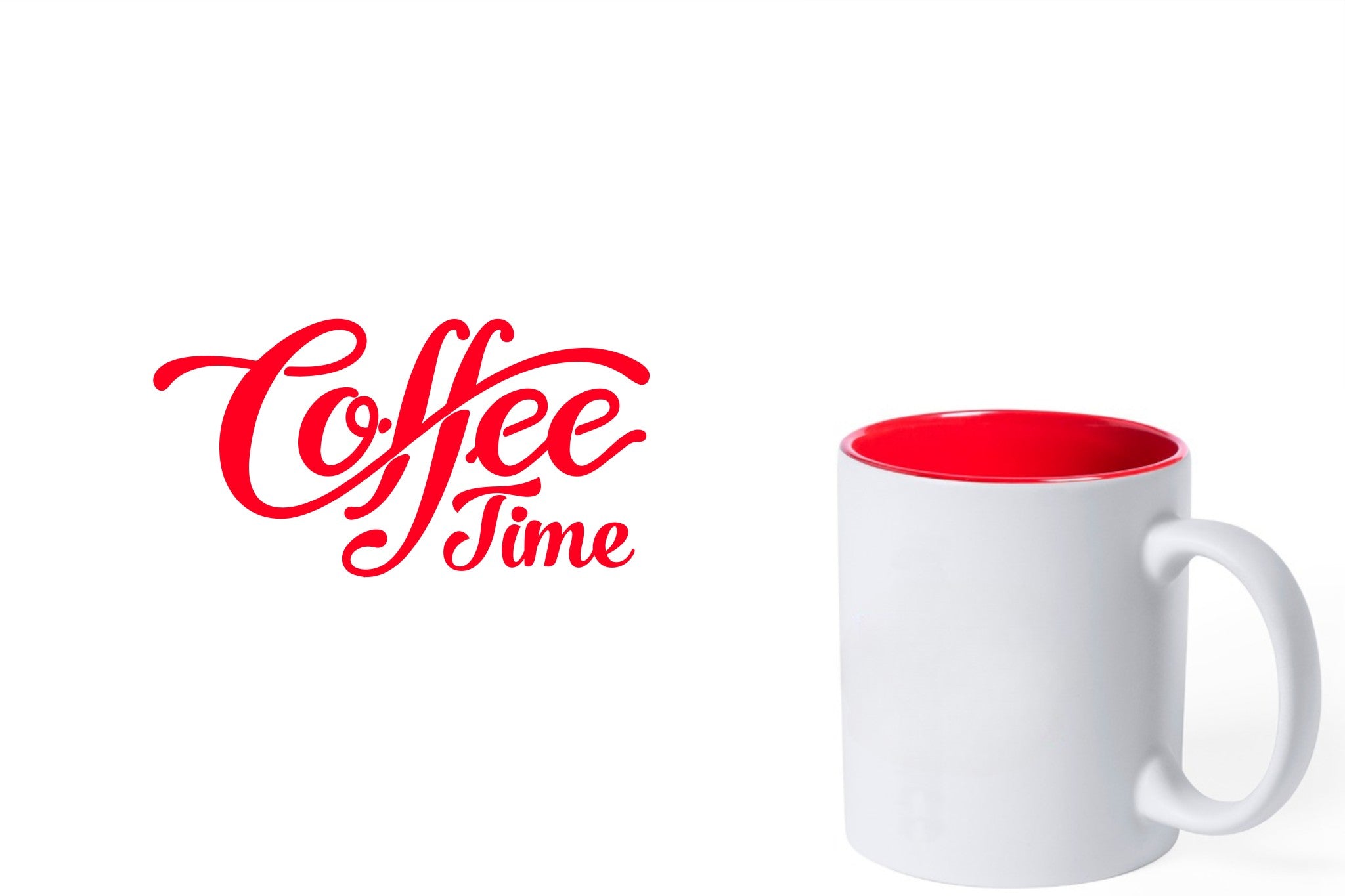 witte keramische mok met rode gravure  'Coffee time'.