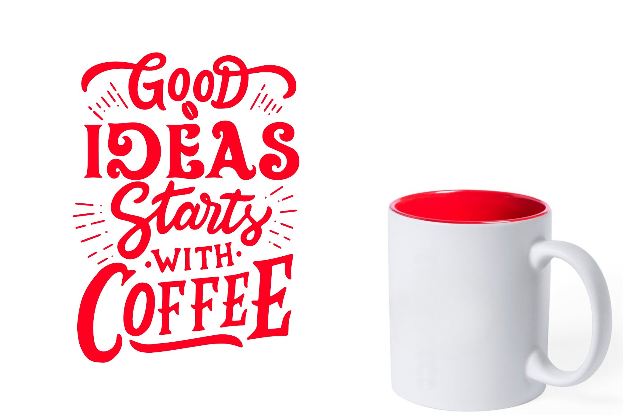 witte keramische mok met rode gravure  'Good ideas starts with coffee'.