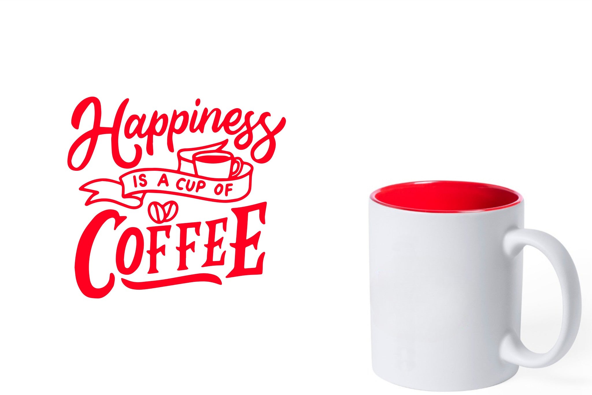 witte keramische mok met rode gravure  'Happiness is a cup of coffee'.