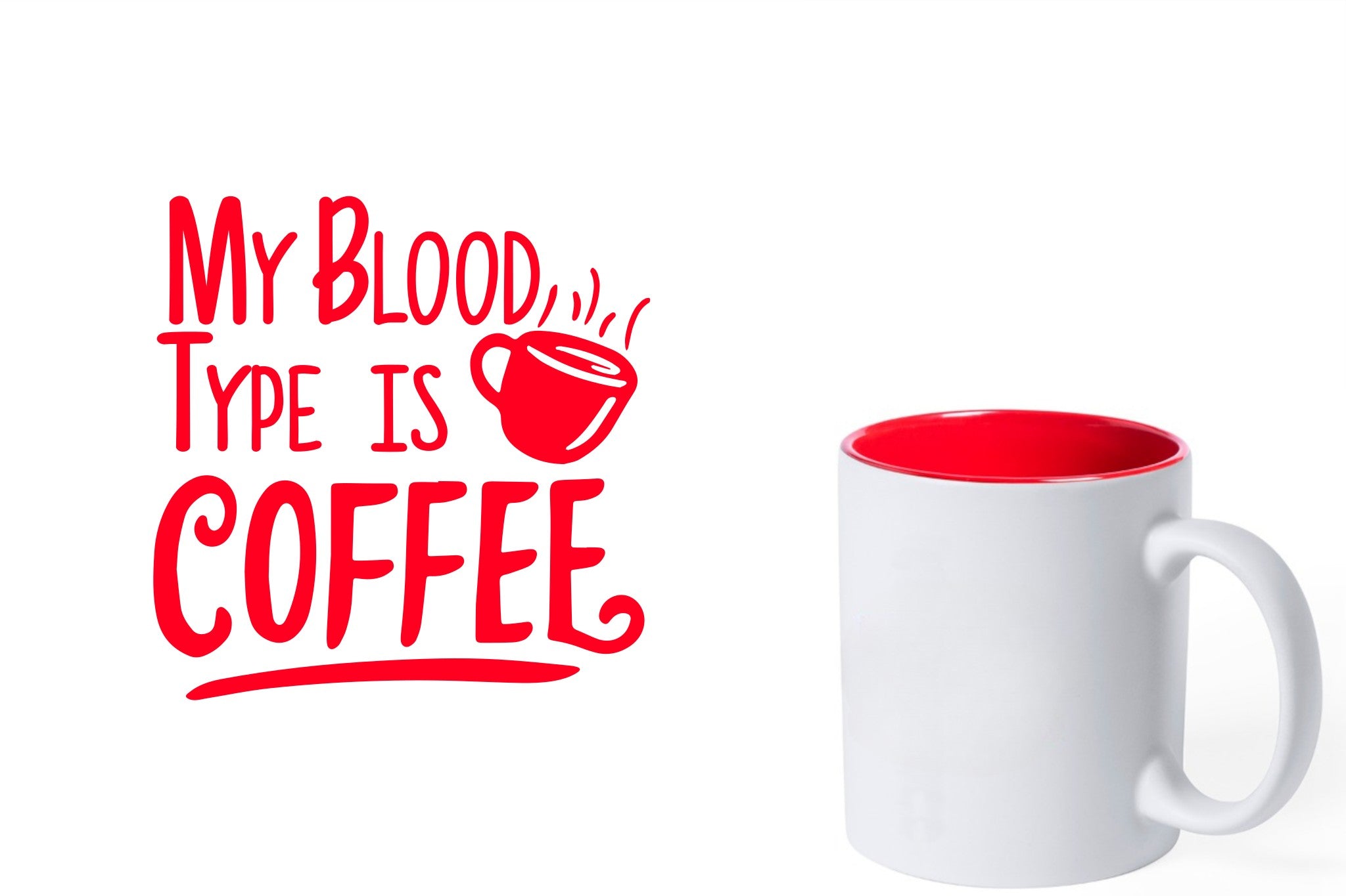 witte keramische mok met rode gravure  'My blood type is coffee'.