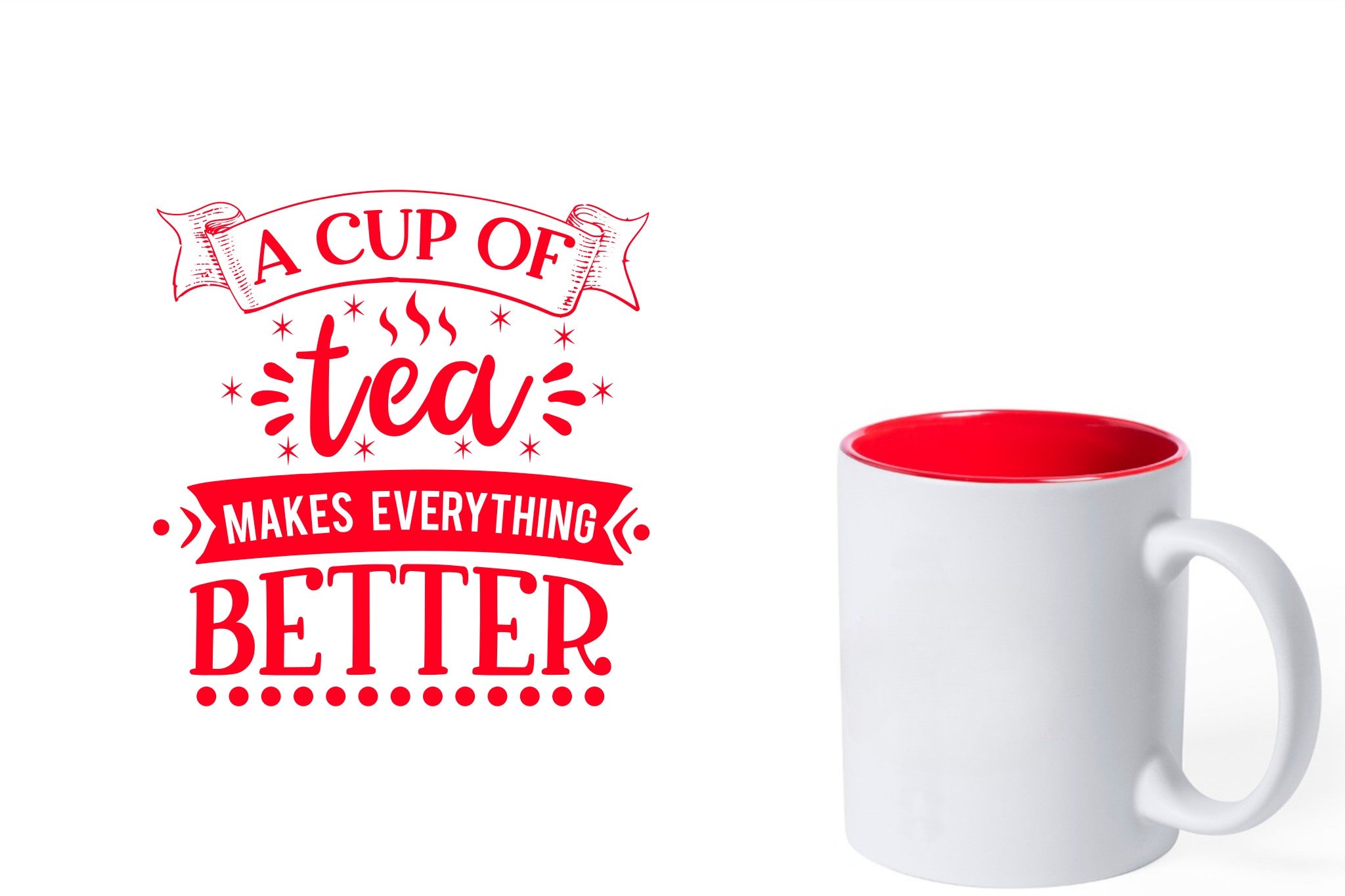 witte keramische mok met rode gravure  'A cup of tea makes everything better'.