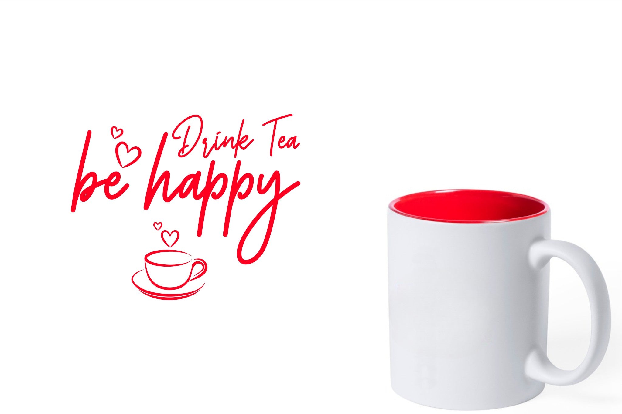 witte keramische mok met rode gravure  'Be happy drink tea'.