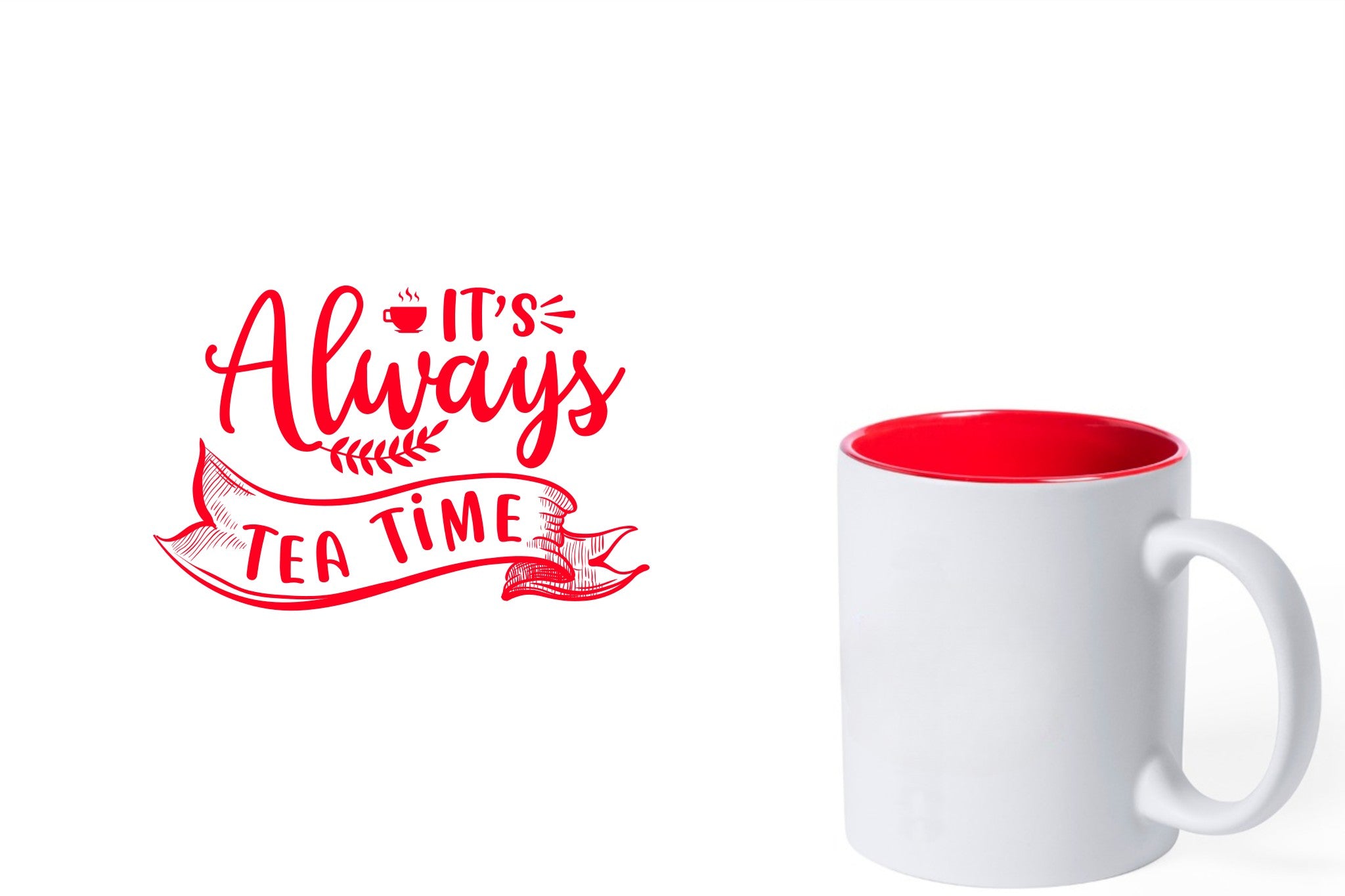 witte keramische mok met rode gravure  'It's always tea time'.