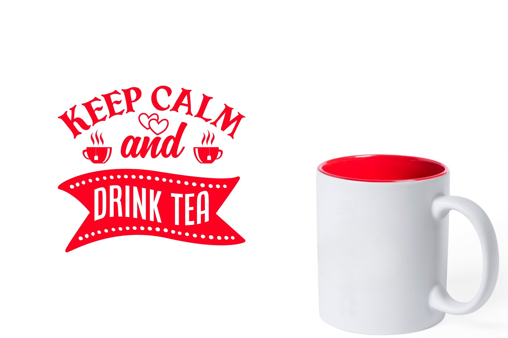 witte keramische mok met rode gravure  'Keep calm and drink tea'.