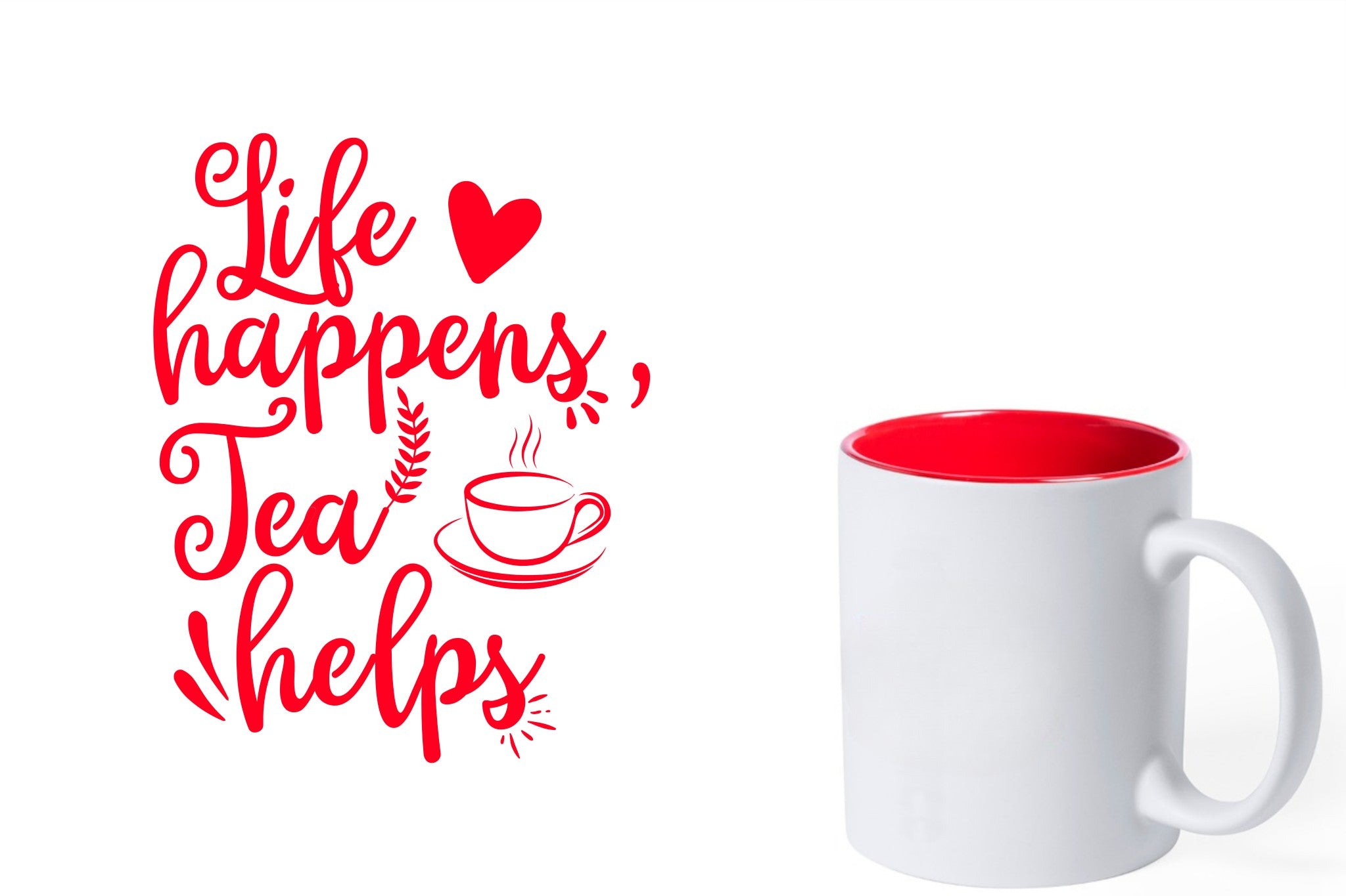 witte keramische mok met rode gravure  'Life happens tea helps'.