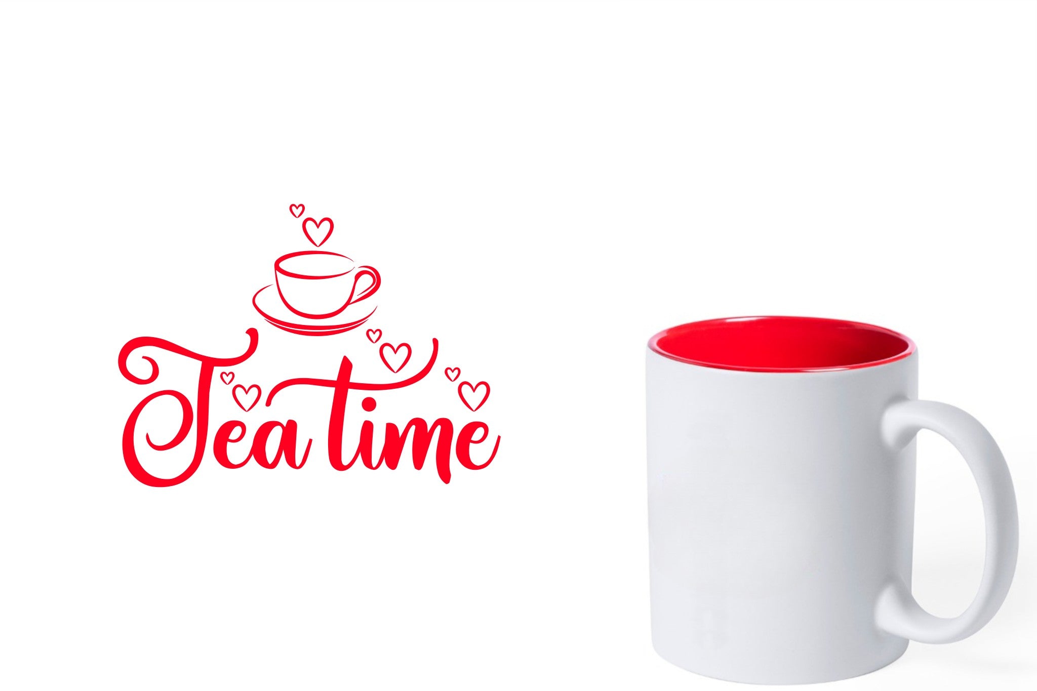 witte keramische mok met rode gravure  'tea time'.