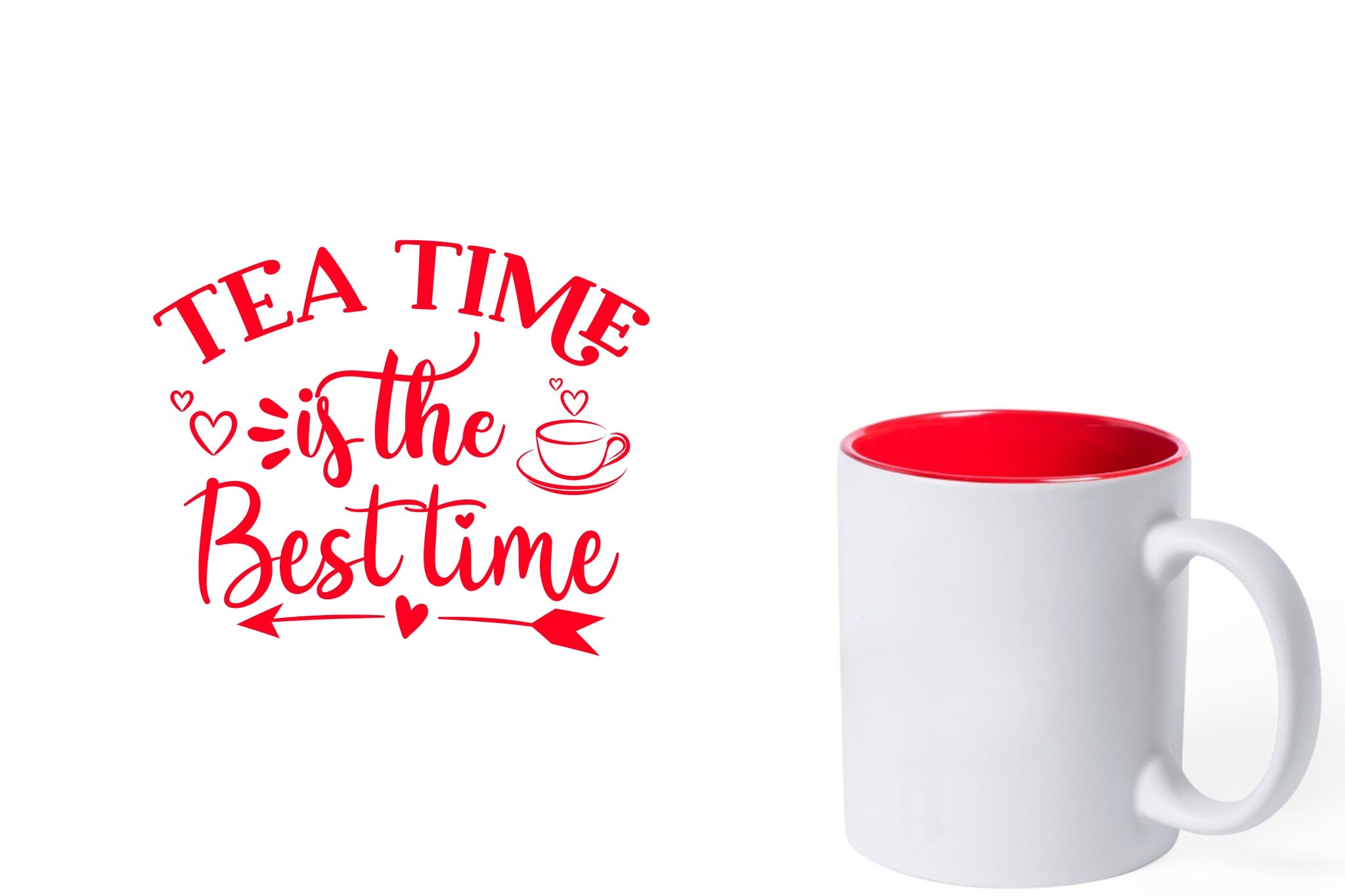 witte keramische mok met rode gravure  'Tea time is the best time'.