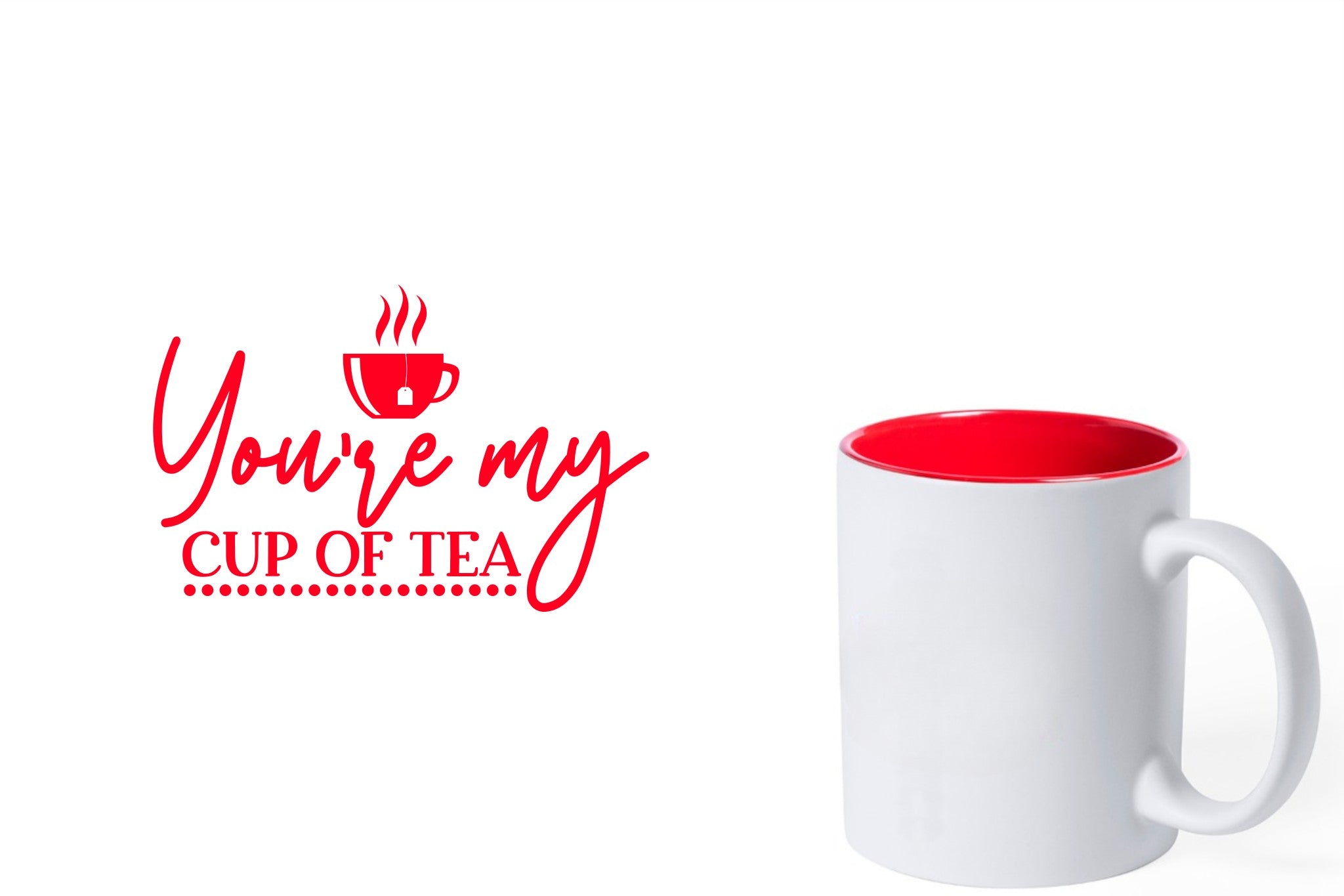 witte keramische mok met rode gravure  'You're my cup of tea'.