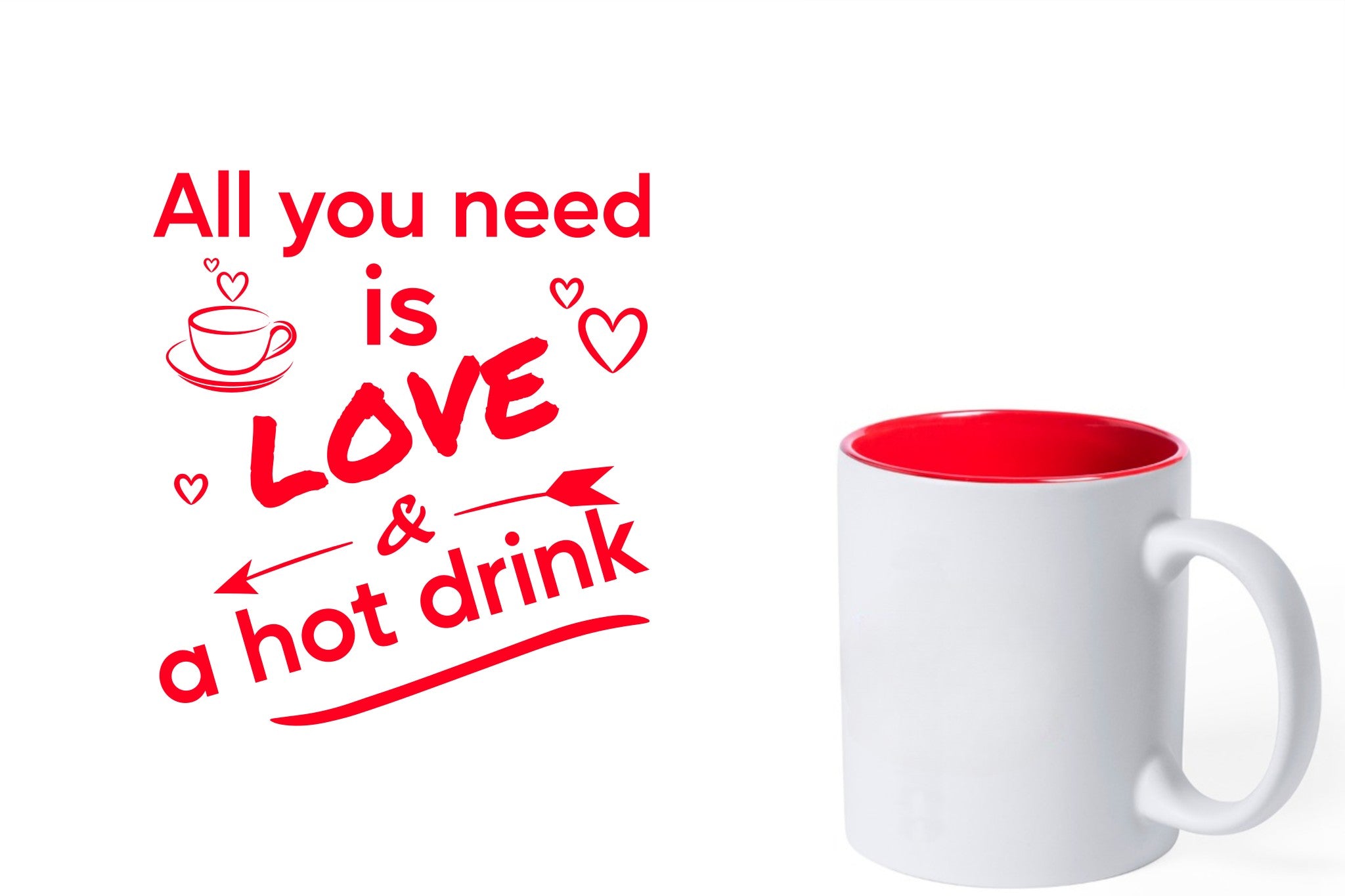 witte keramische mok met rode gravure  'All you need is love & a hot drink'.