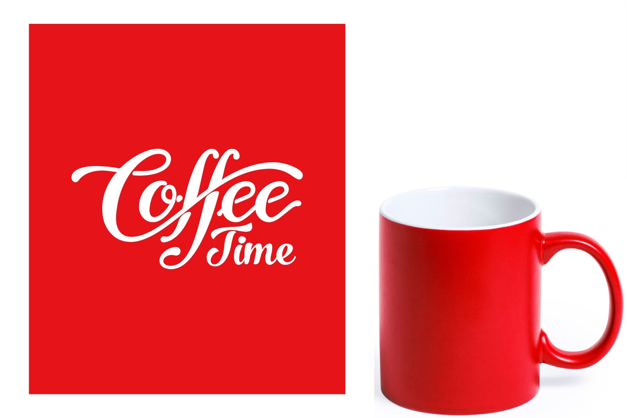 rode keramische mok met witte gravure  'Coffee time'.
