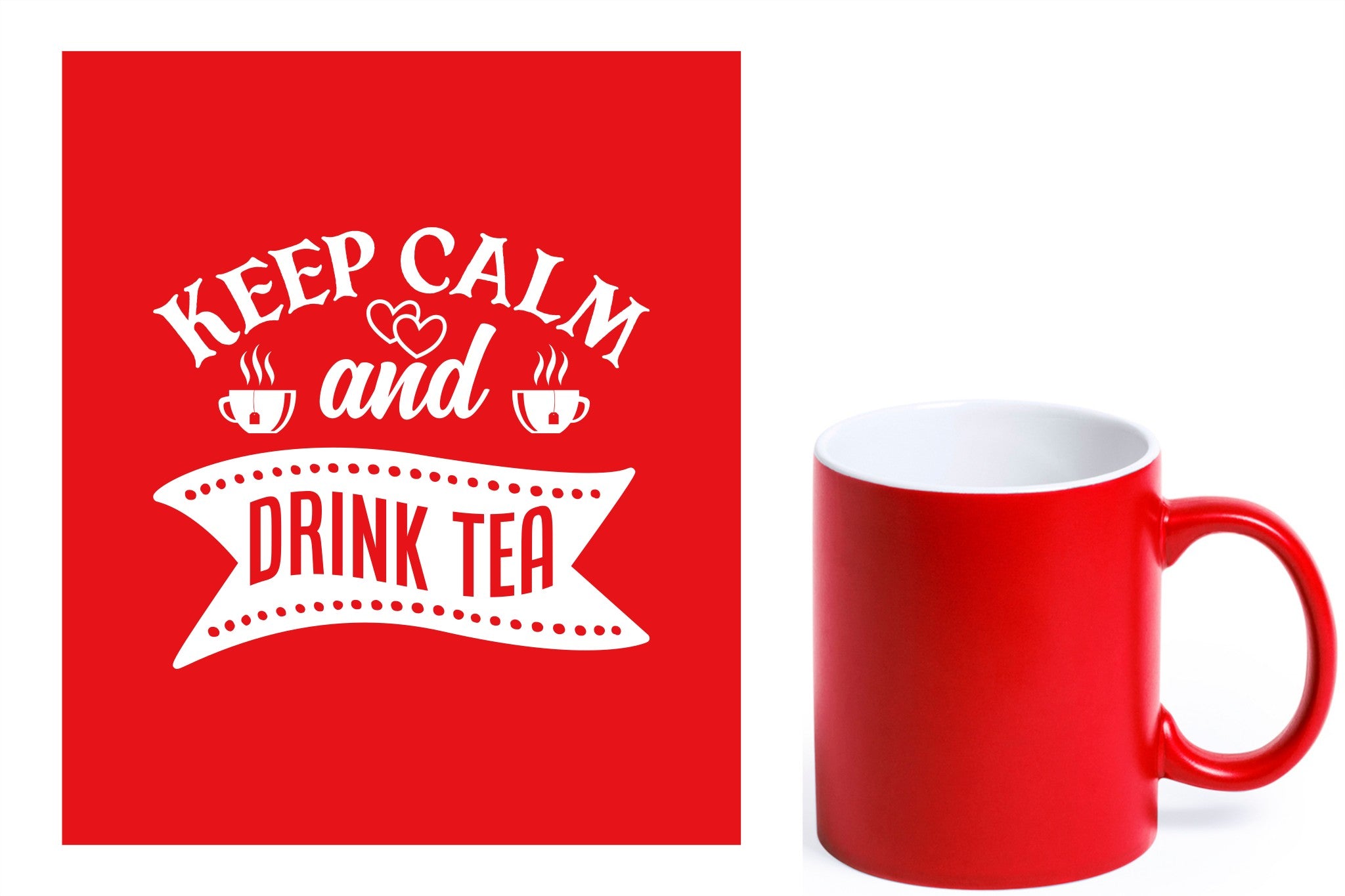 rode keramische mok met witte gravure  'Keep calm and drink tea'.