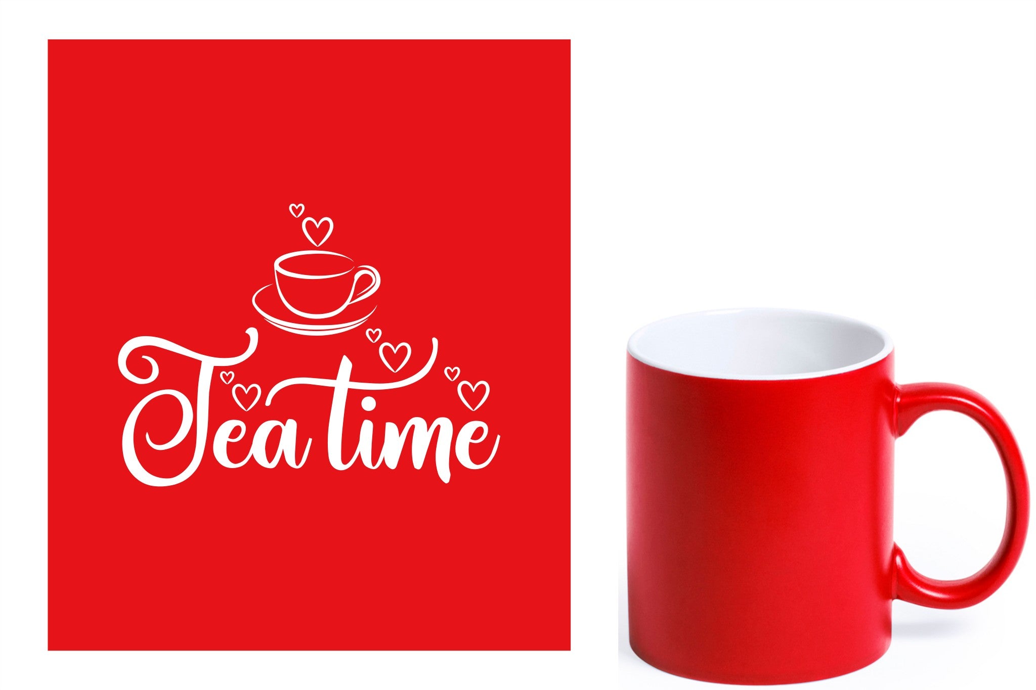 rode keramische mok met witte gravure  'tea time'.