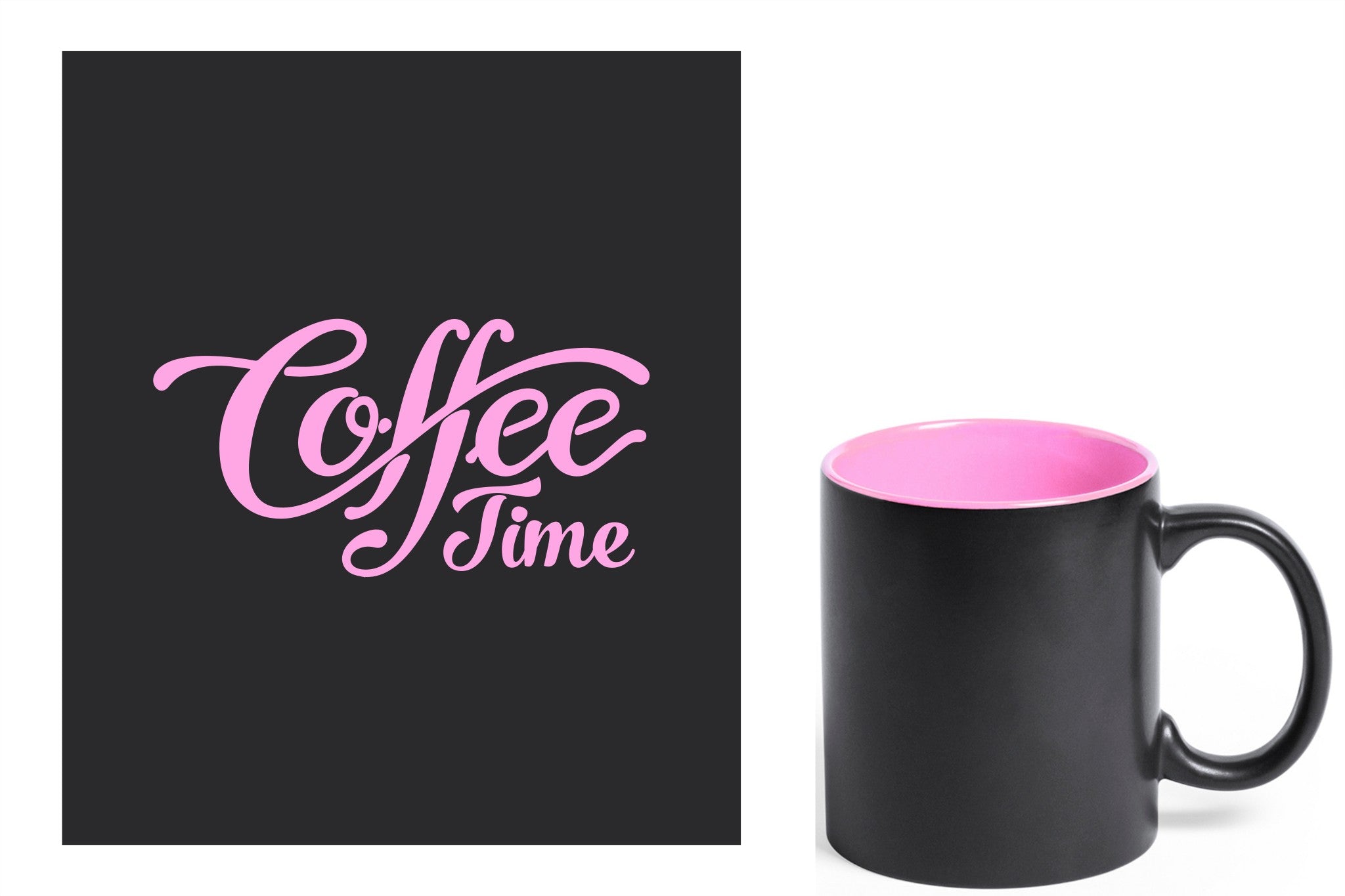 zwarte keramische mok met roze gravure  'Coffee time'.