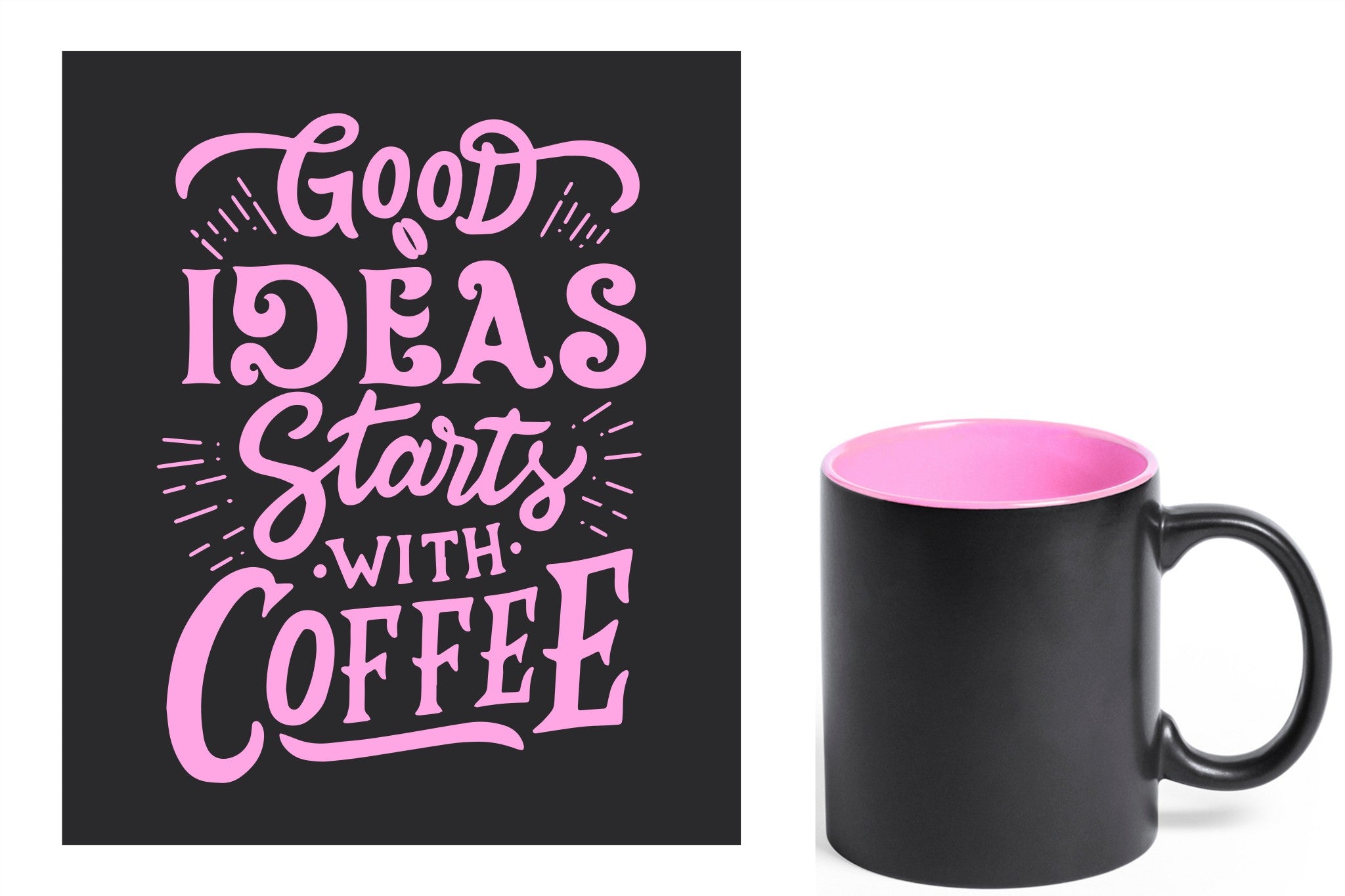 zwarte keramische mok met roze gravure  'Good ideas starts with coffee'.